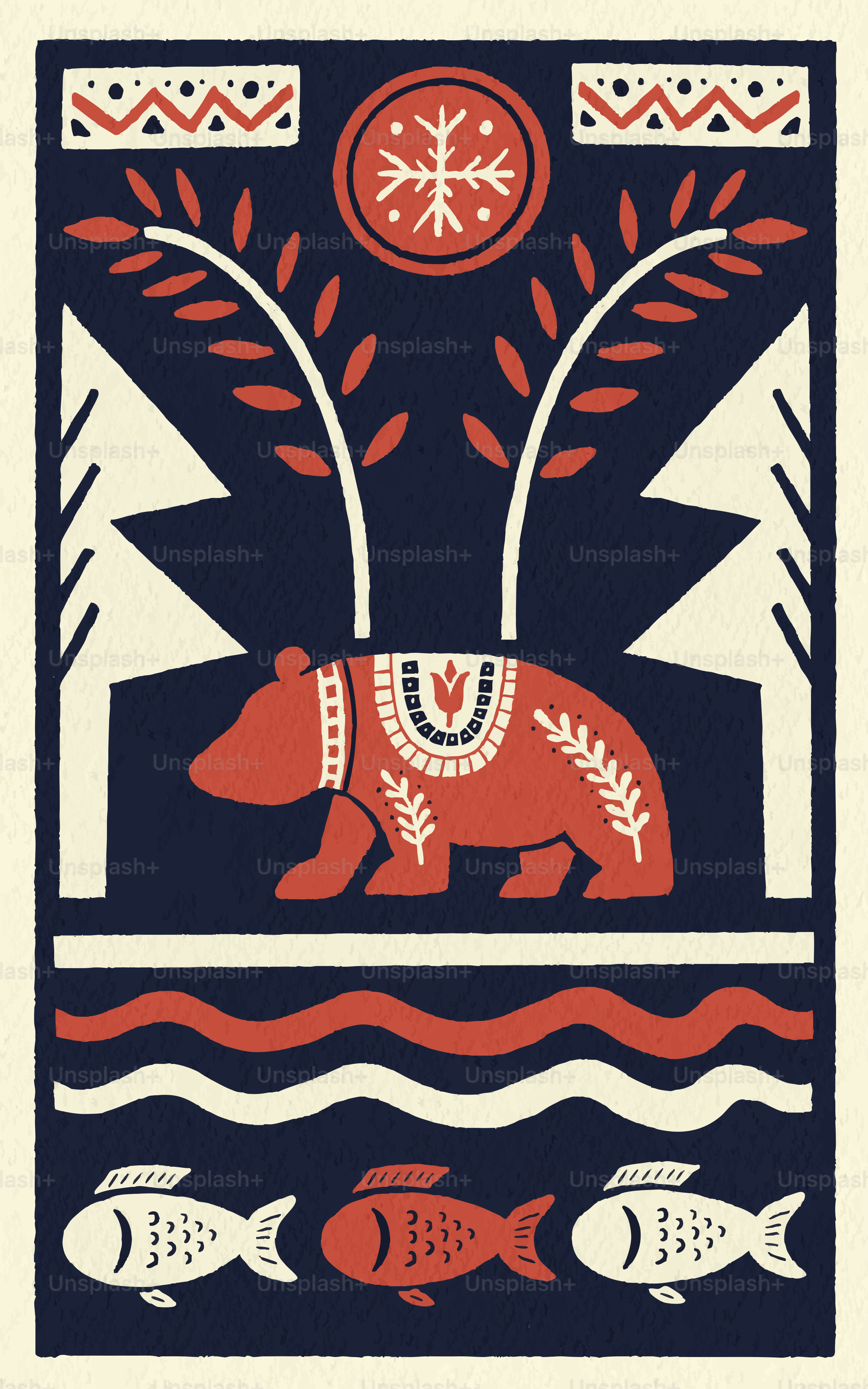 Stylized red bear with folk art patterns and fish.