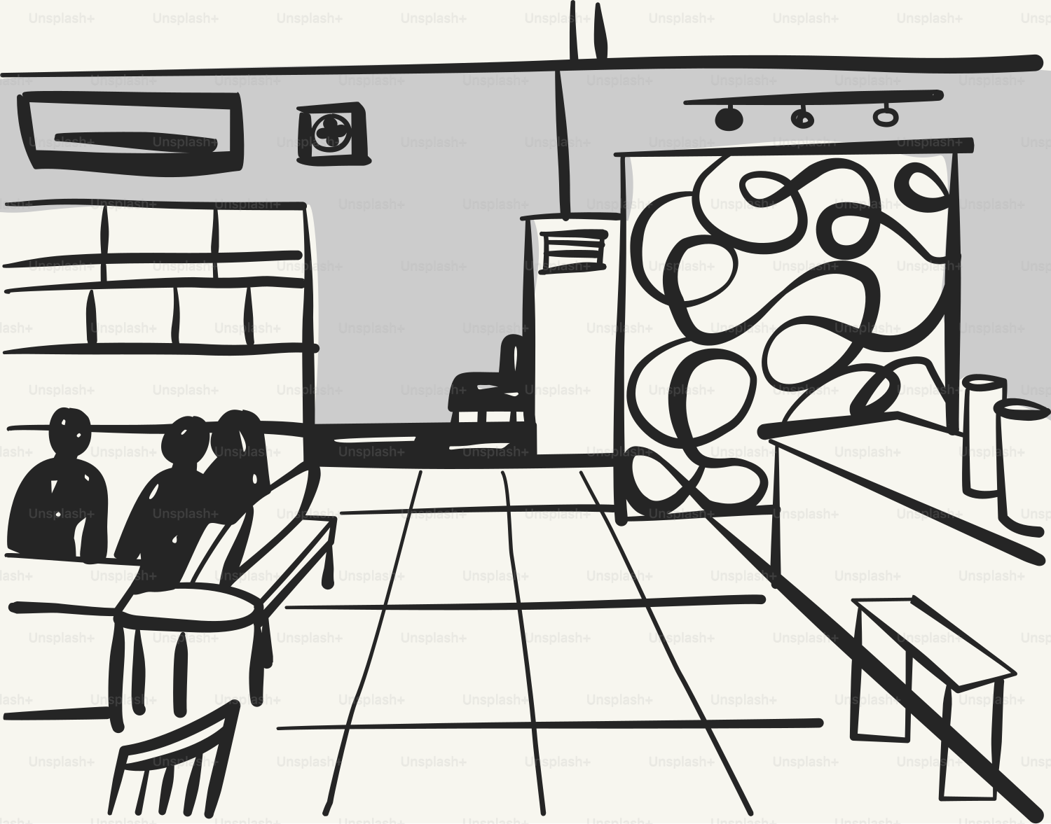 Interior scene with seating and decorative wall art.