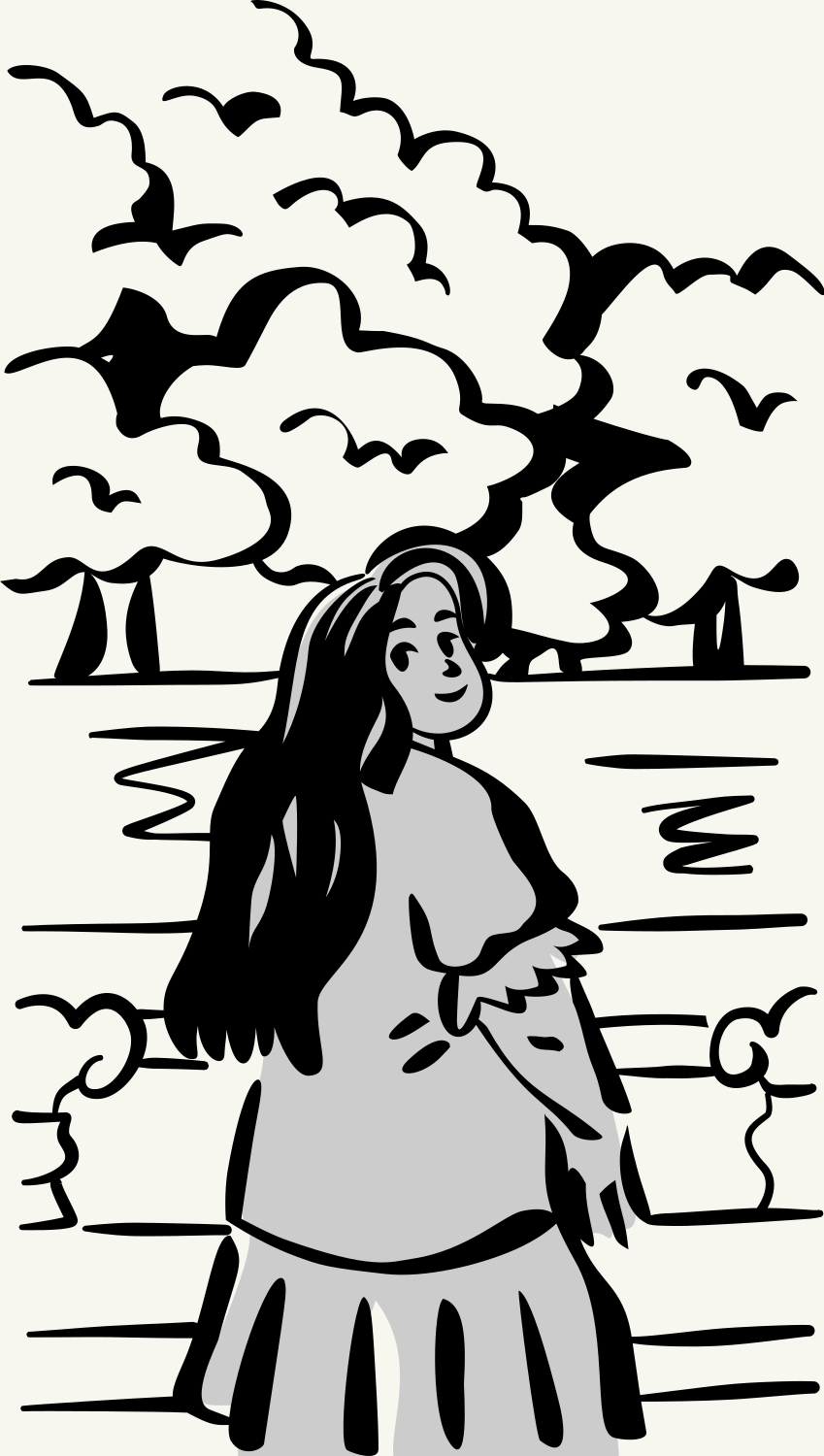 A woman looks up at birds flying through trees.