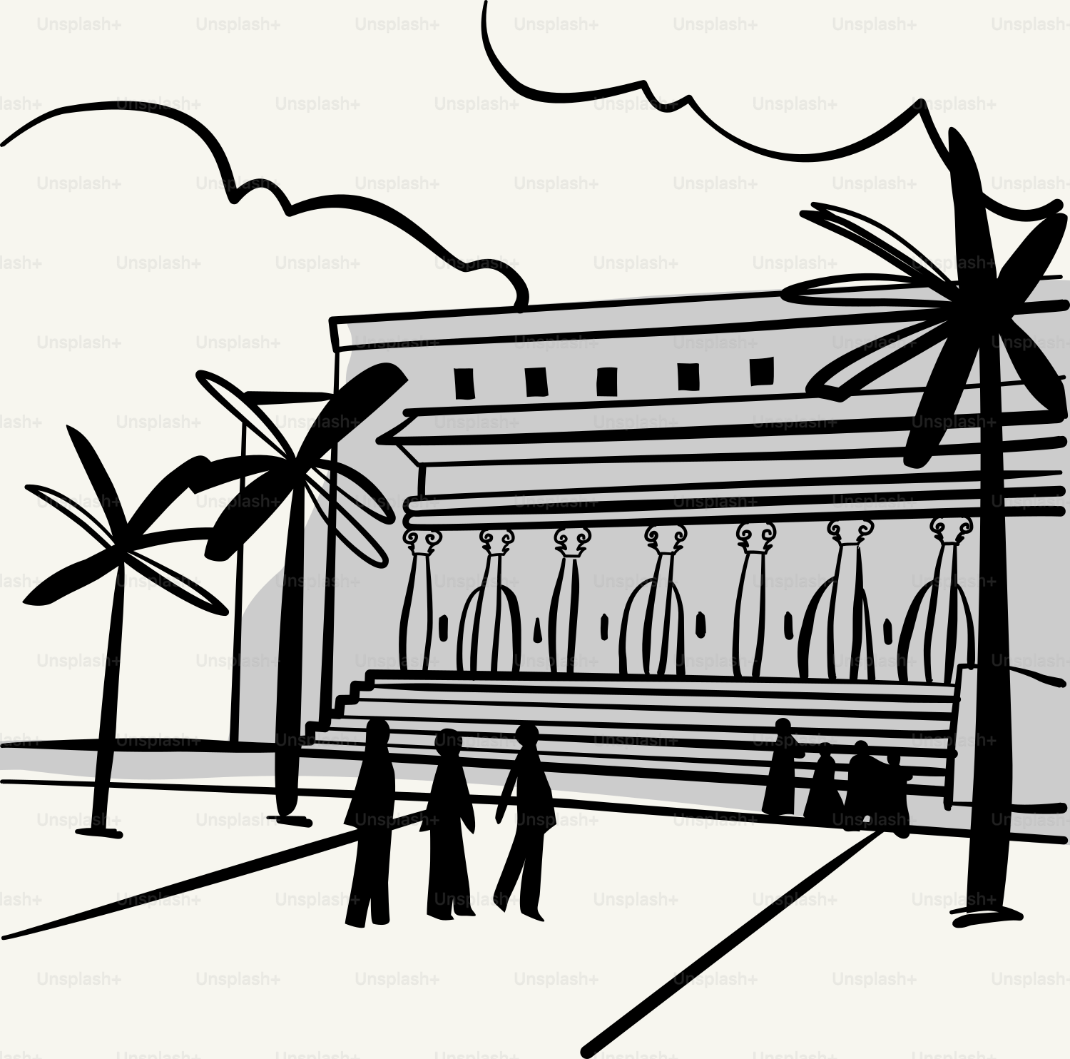 People walk towards a grand building with palm trees.