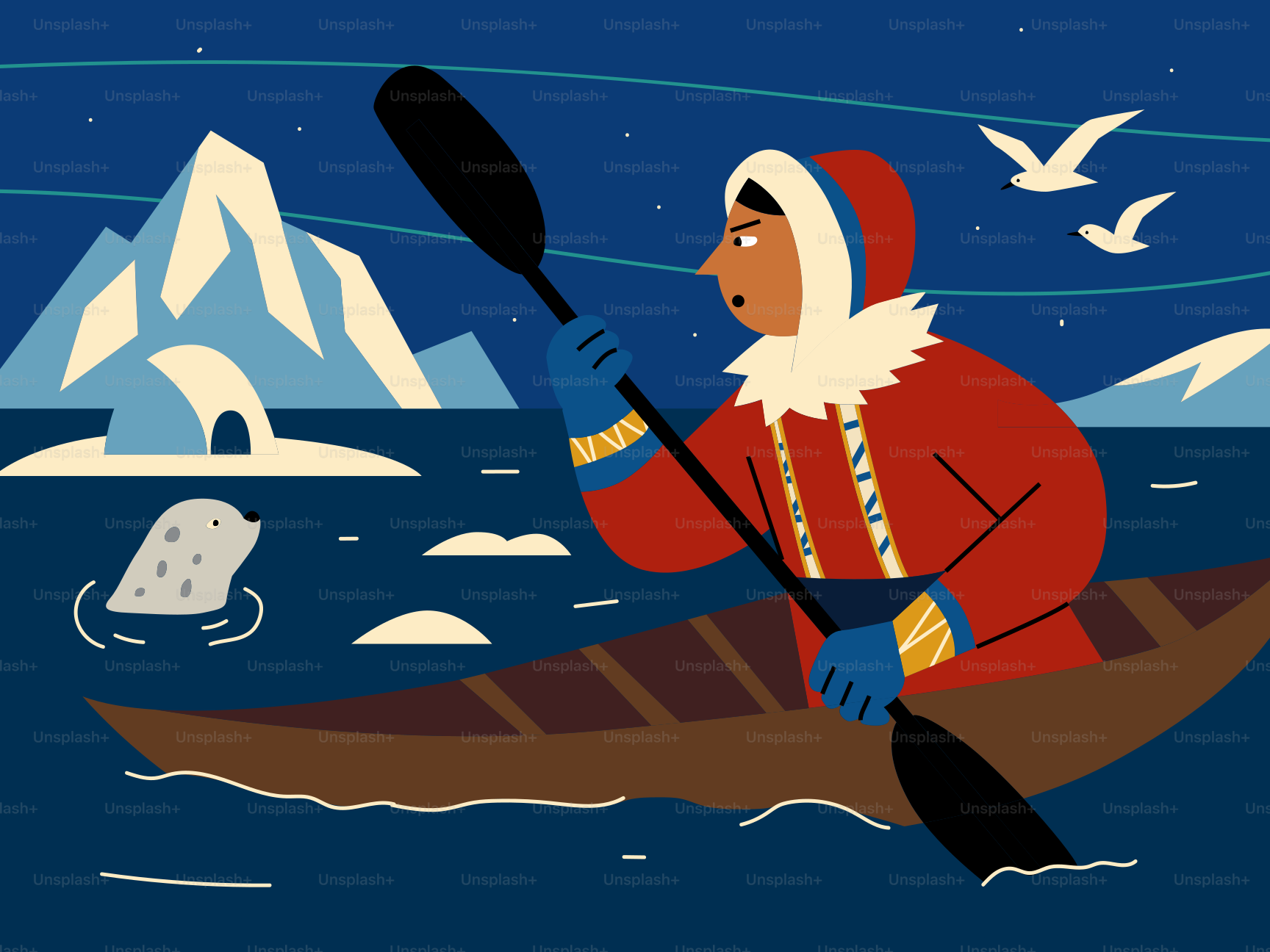 Person in kayak paddles near seal and icebergs