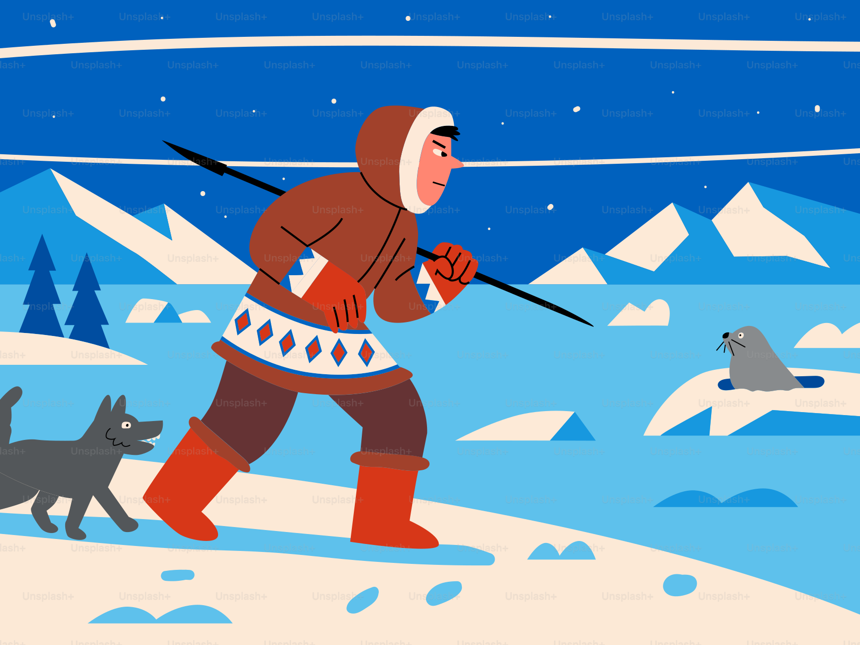 Jäger mit Speer und Hund in verschneiter Landschaft mit Robbe