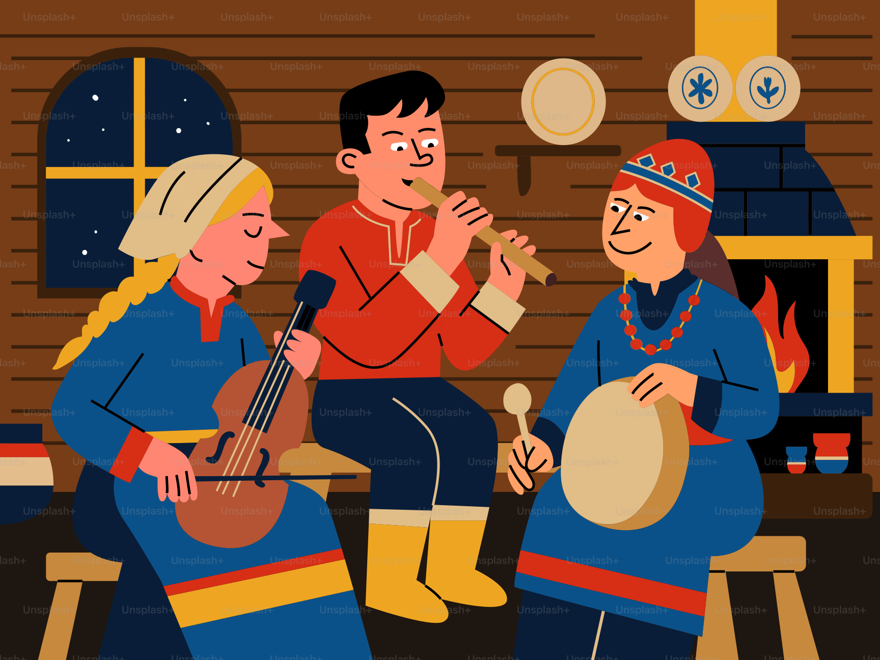 Trois personnes jouant d’instruments traditionnels à l’intérieur.