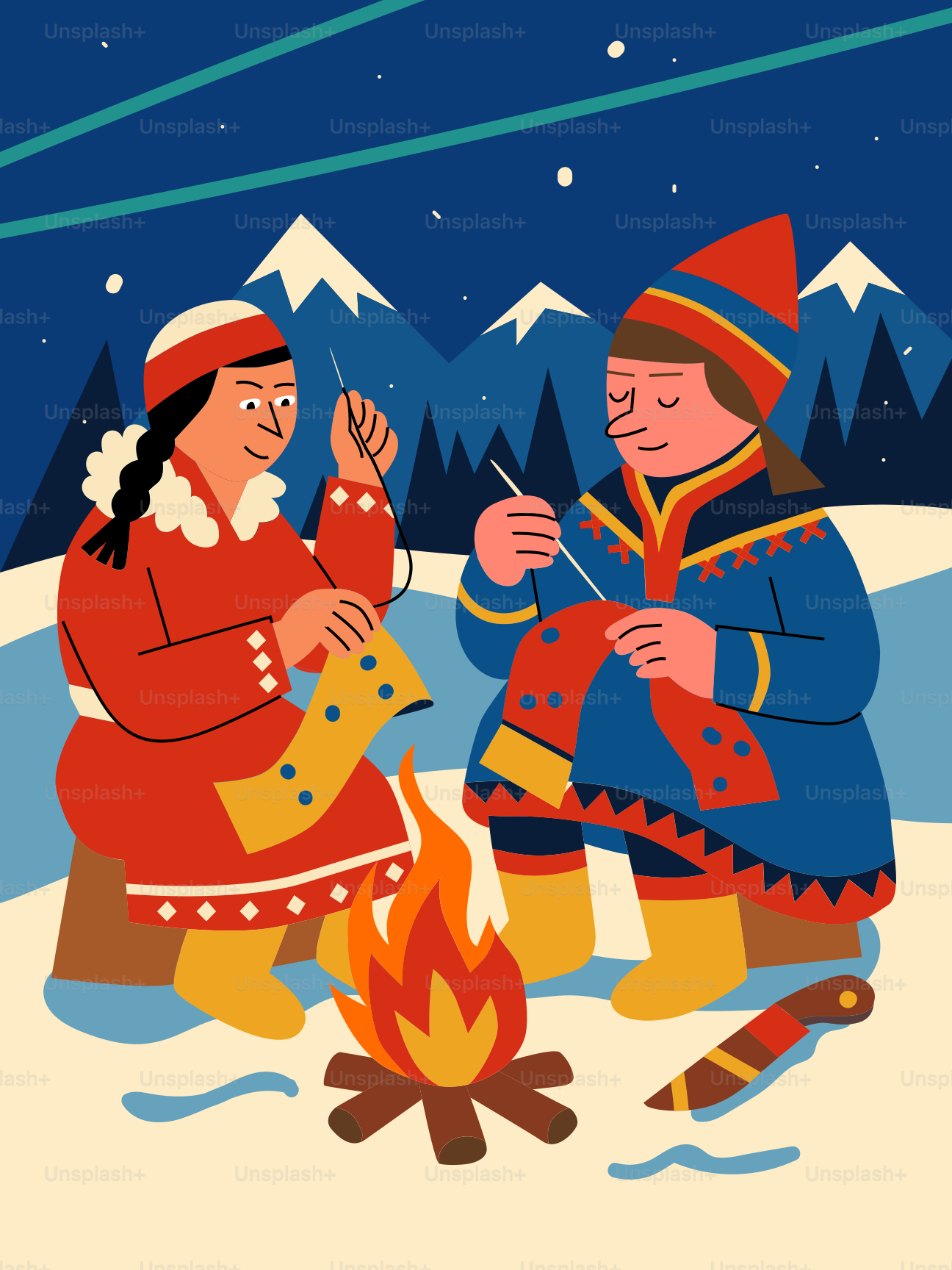 Two people sewing and knitting by a campfire.