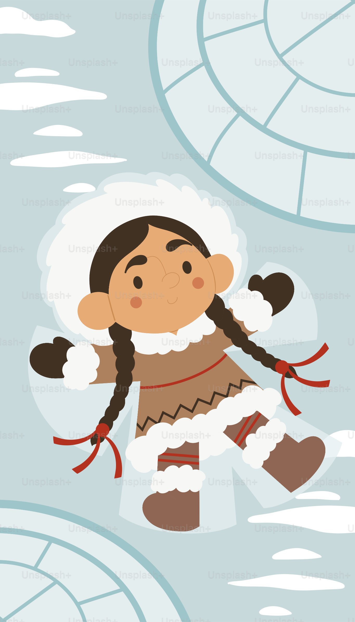 Child in traditional clothing making a snow angel.