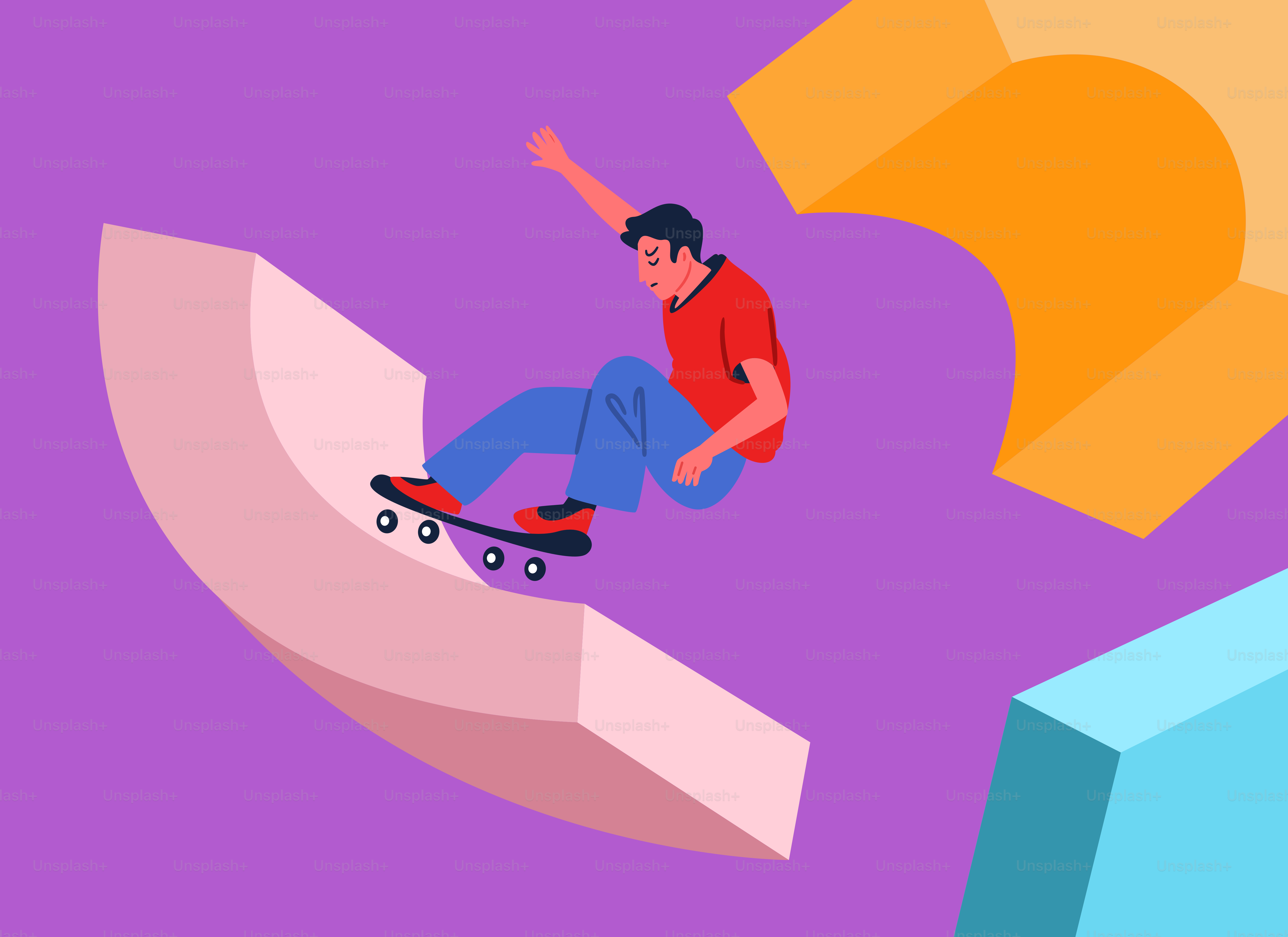 Man skateboarding on a curved ramp with abstract shapes