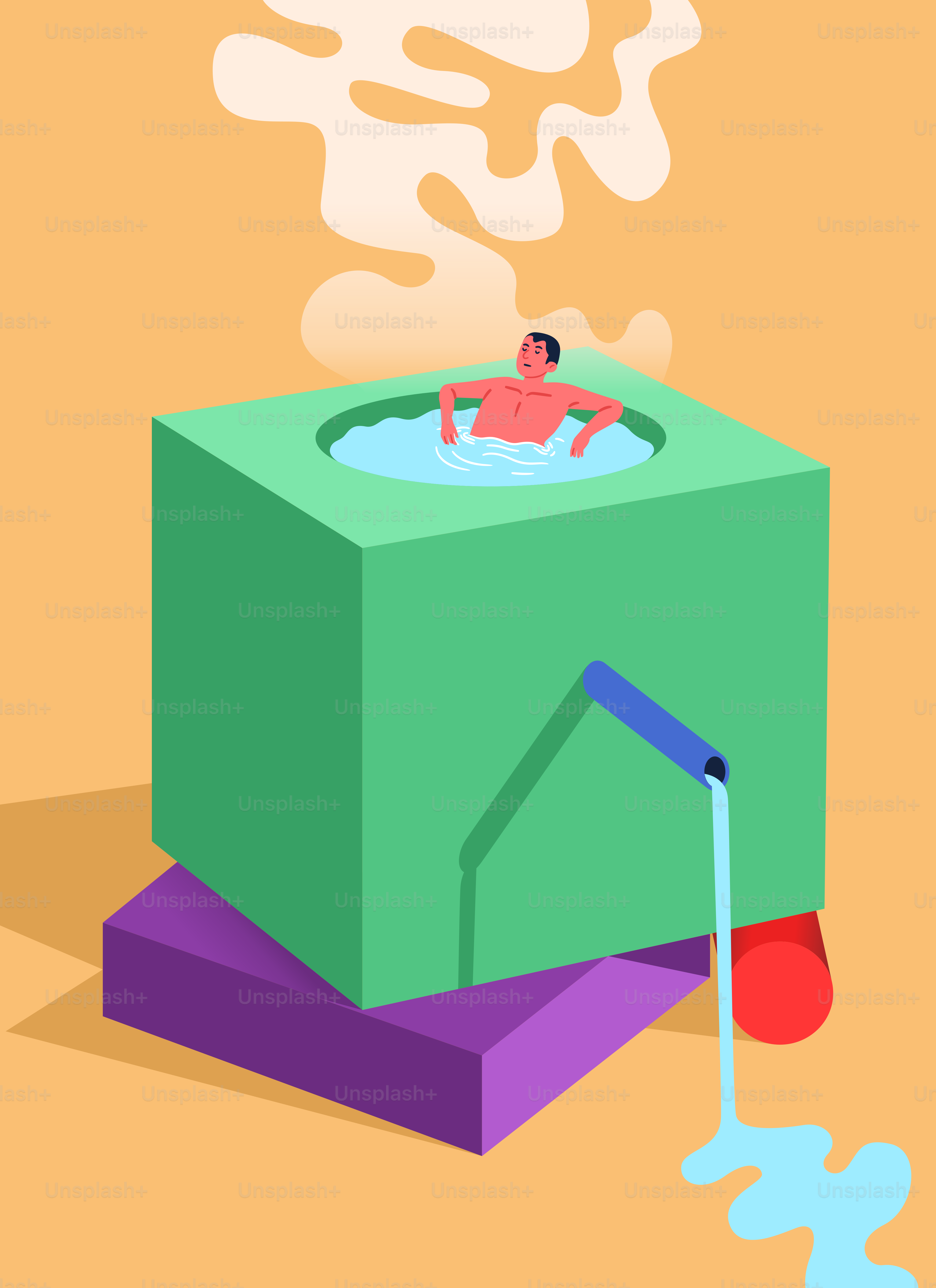 Man relaxing in a cube-shaped hot tub with steam.