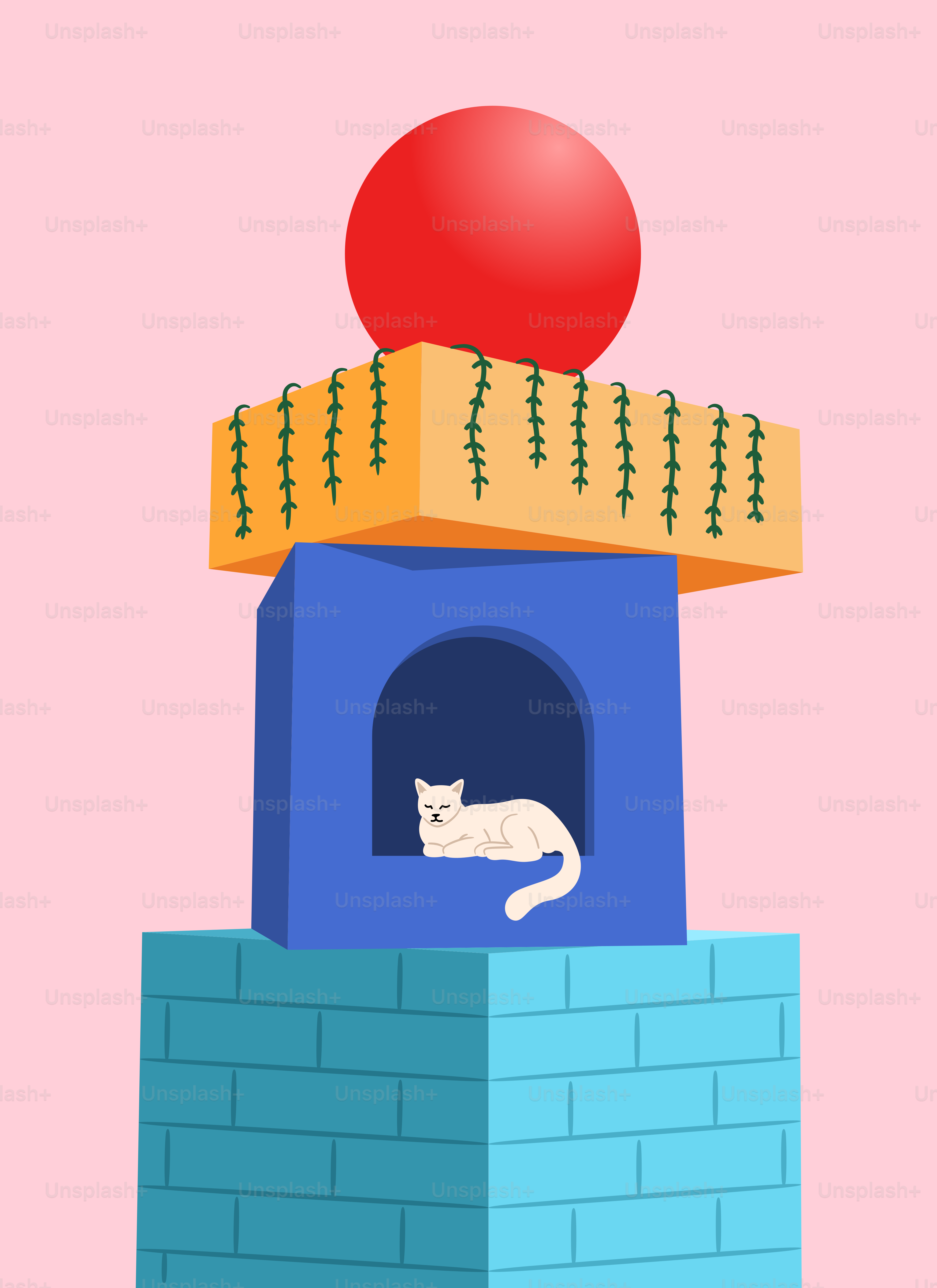 Le chat blanc repose à l’intérieur d’une structure bleue avec des formes géométriques.