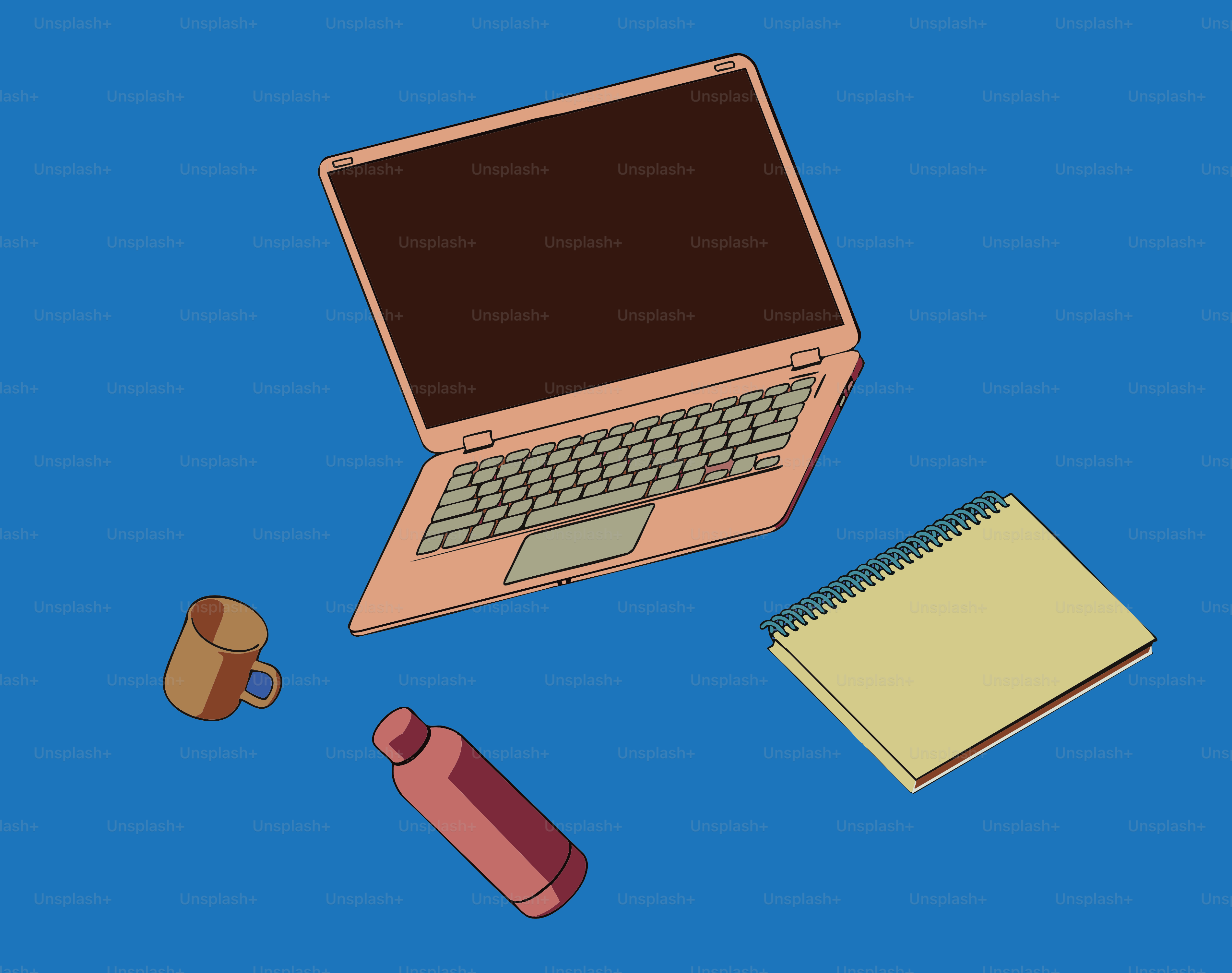 Laptop, notebook, bottle, and mug on blue background.