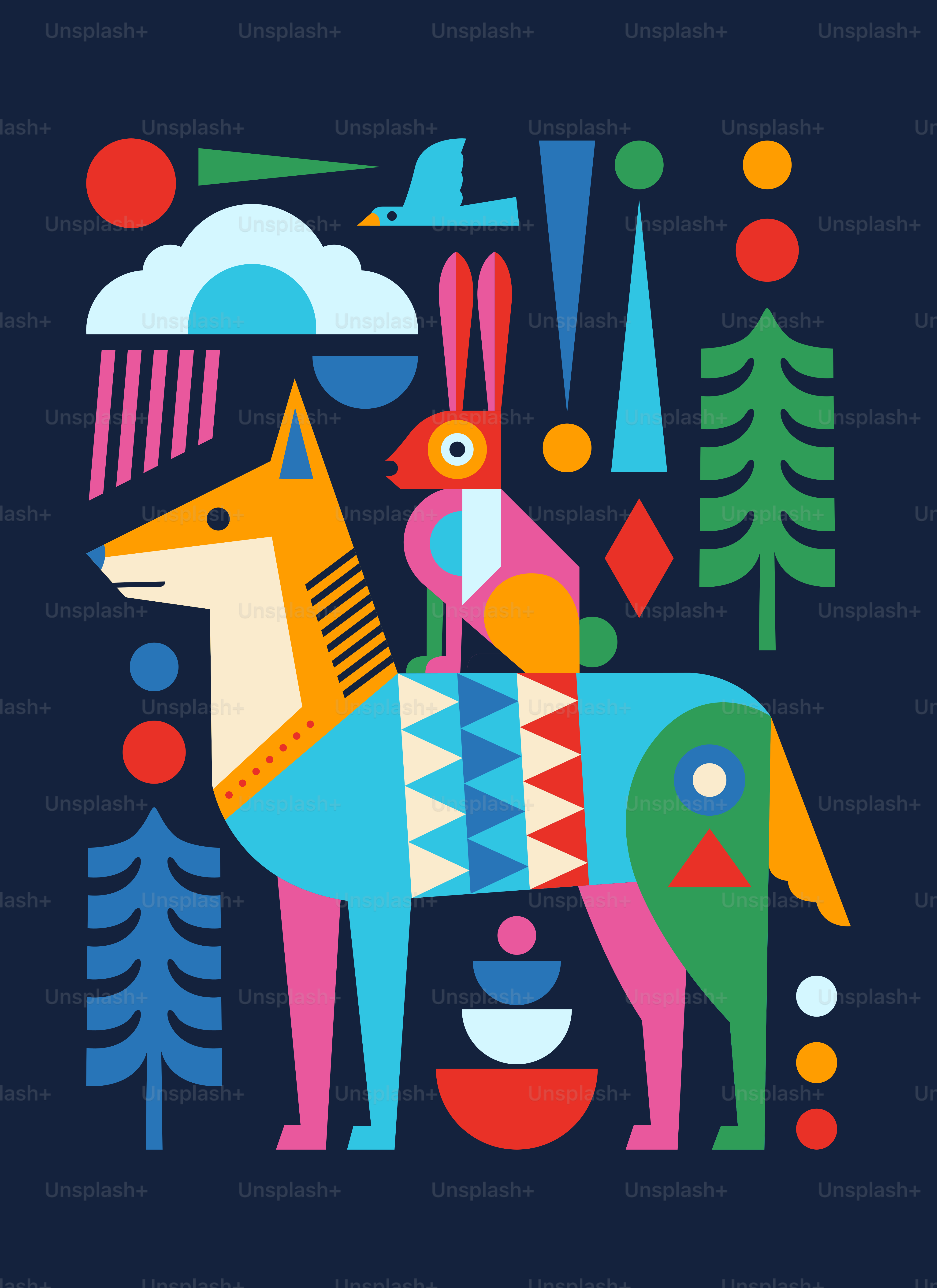 Stylized wolf and rabbit with abstract forest elements