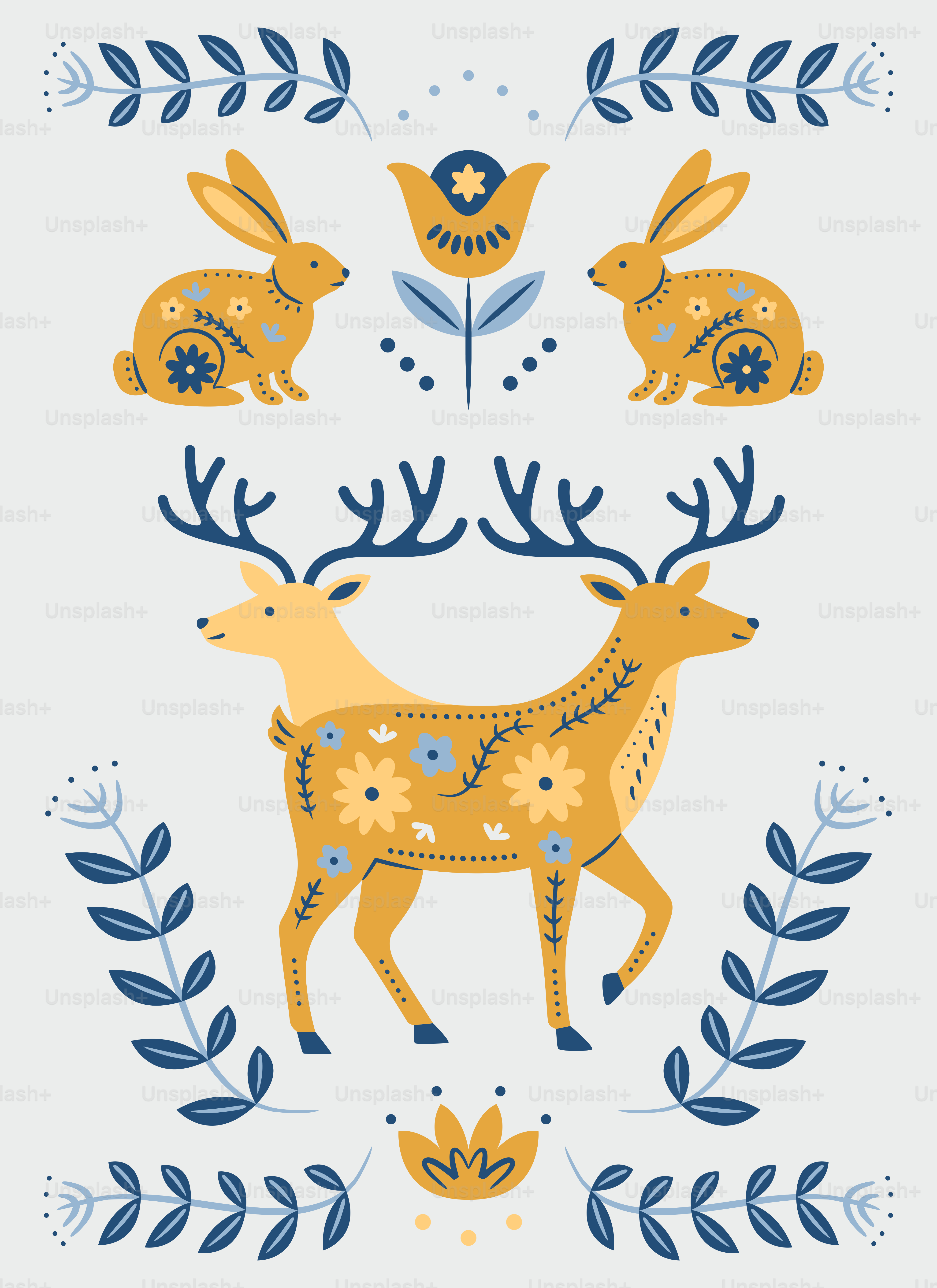Folk art style illustration with deer and rabbits.