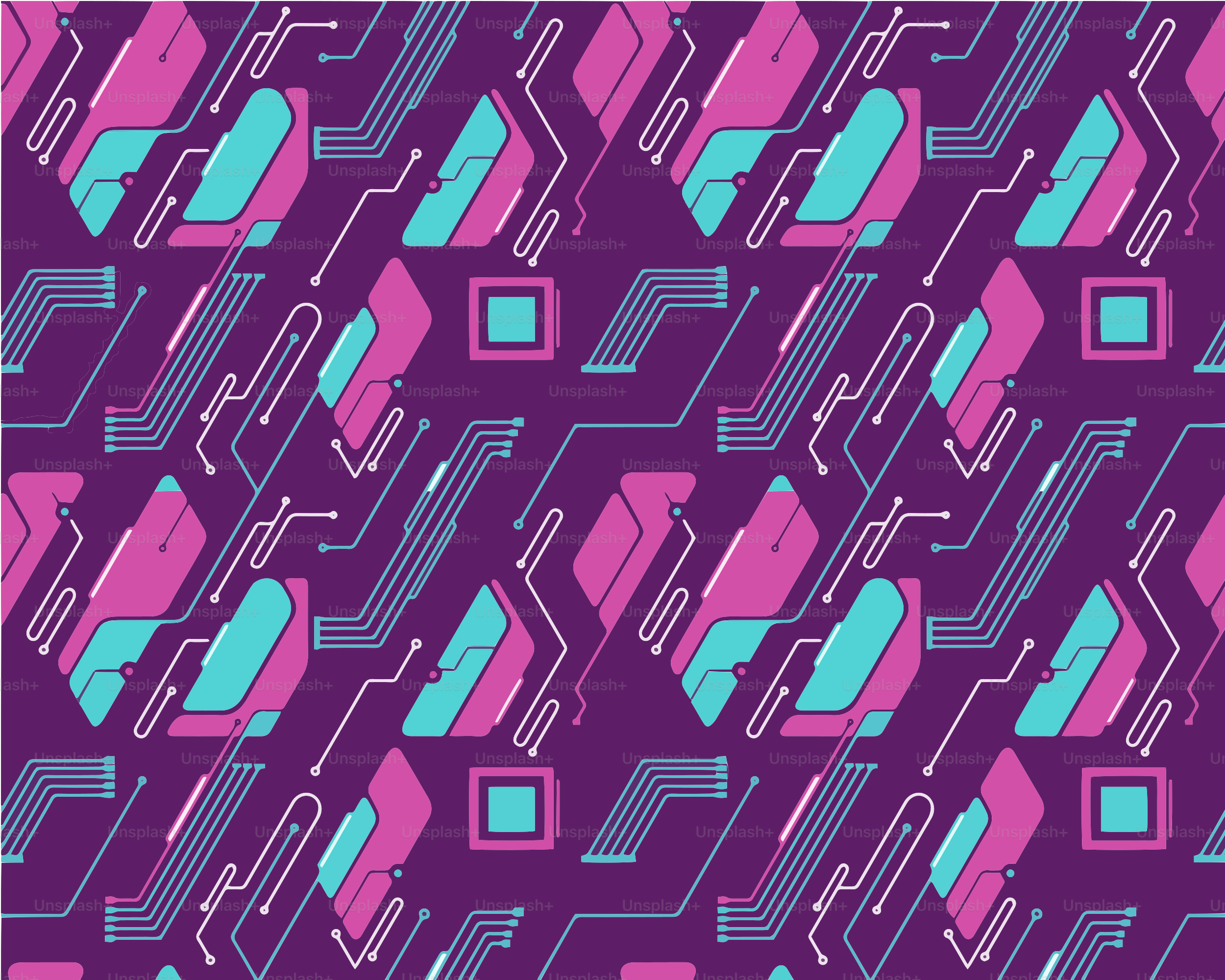 Motif numérique abstrait avec des formes géométriques violettes et turquoise.