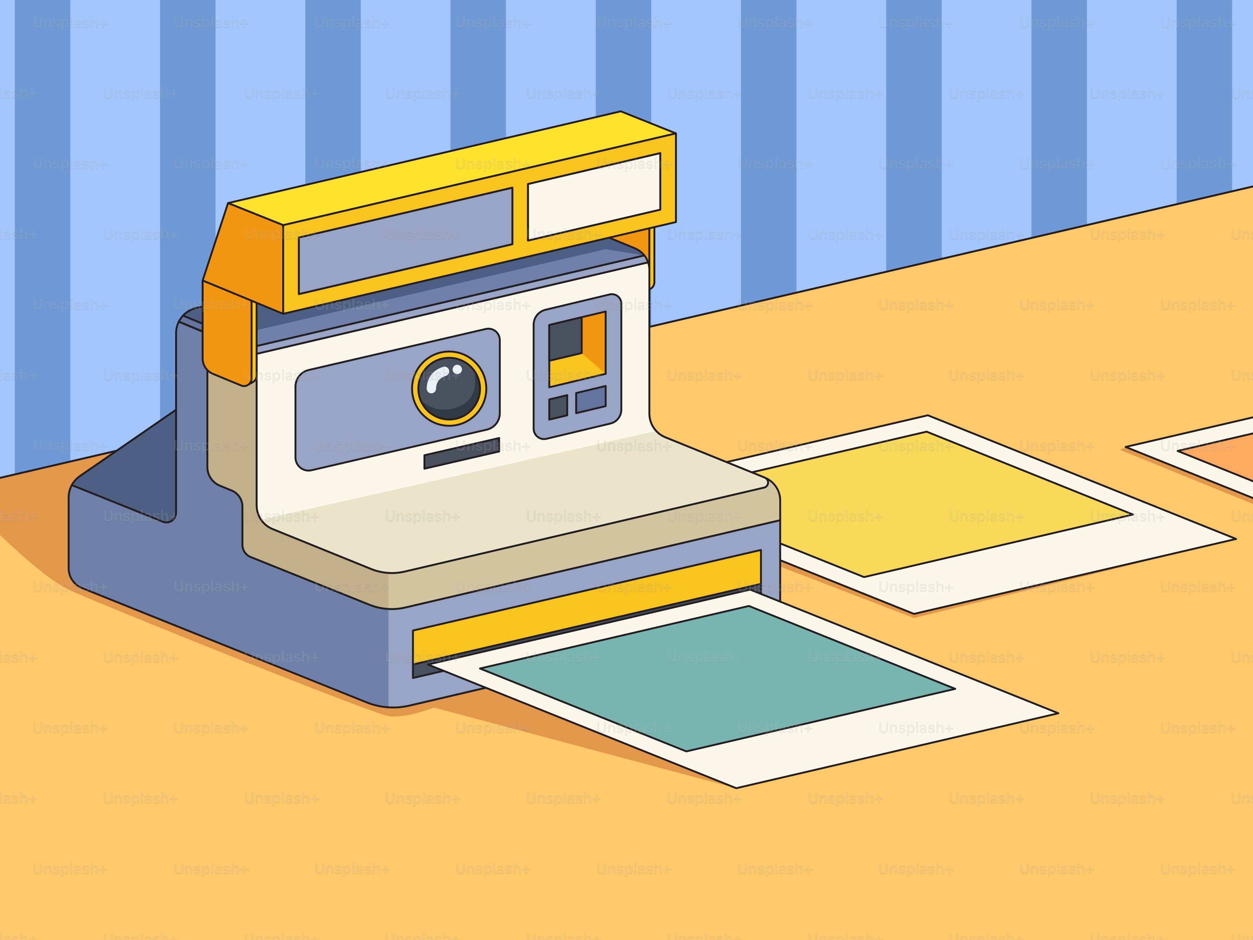 Instant camera printing photos on a table