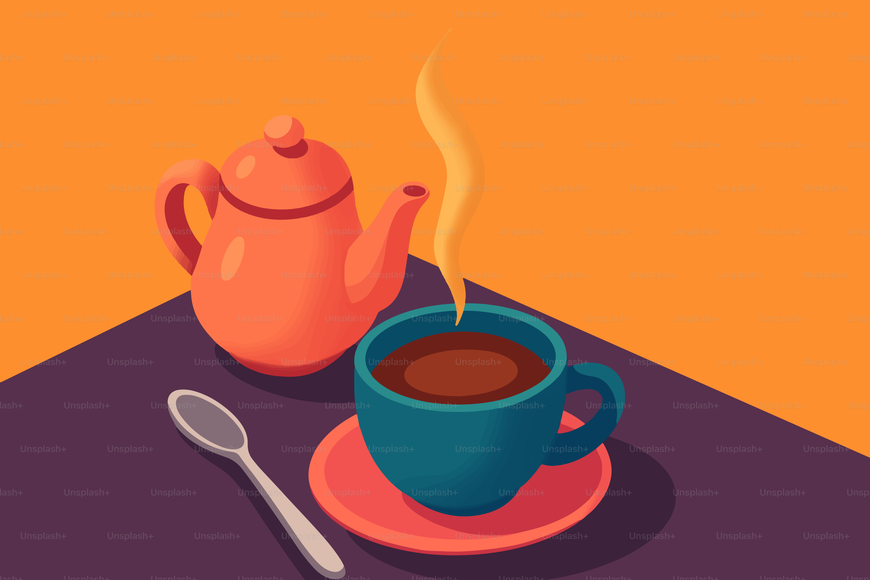 Minuman panas dalam cangkir dengan teko dan sendok.