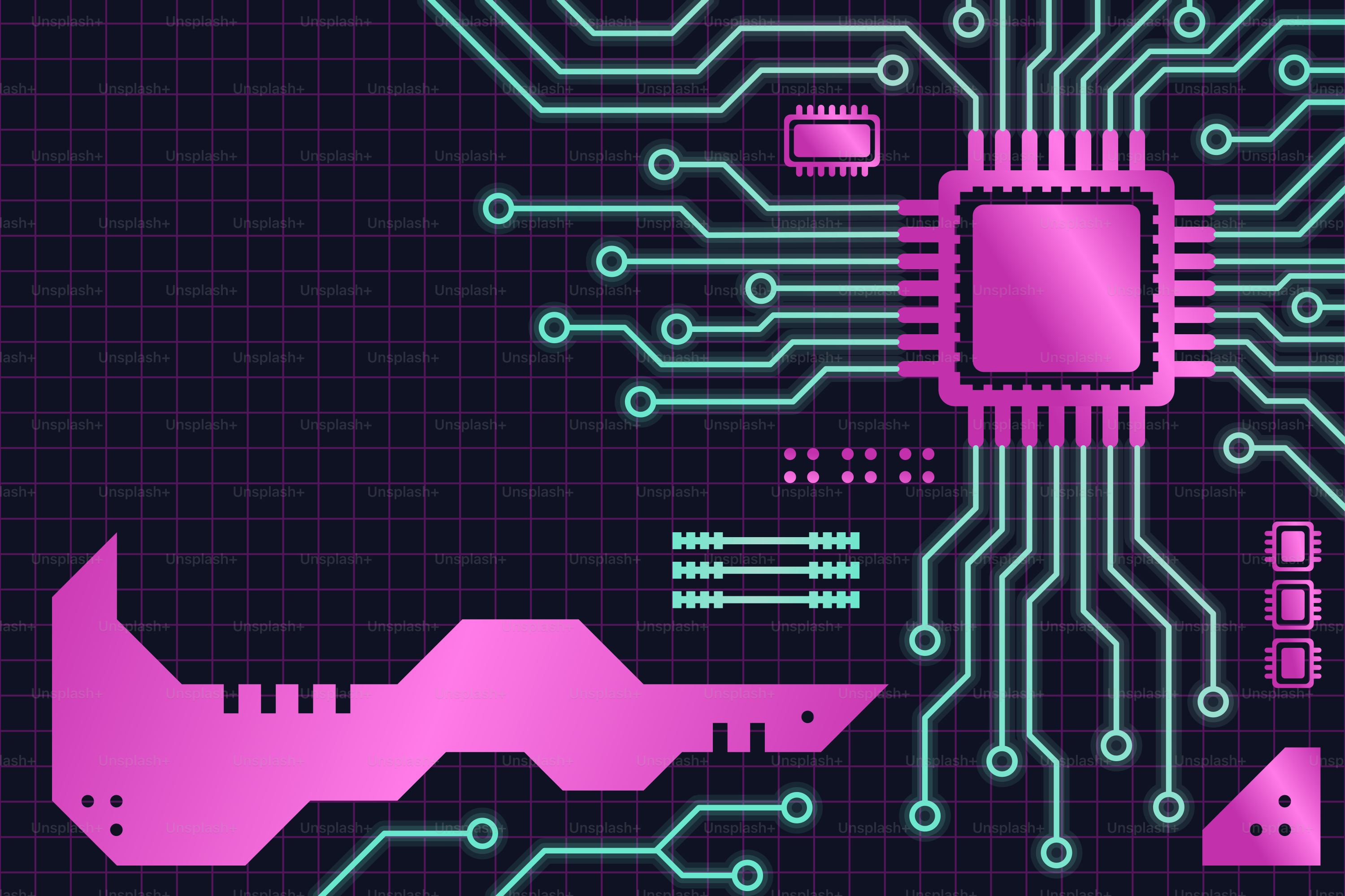 Abstract circuit board with pink and teal glowing lines.