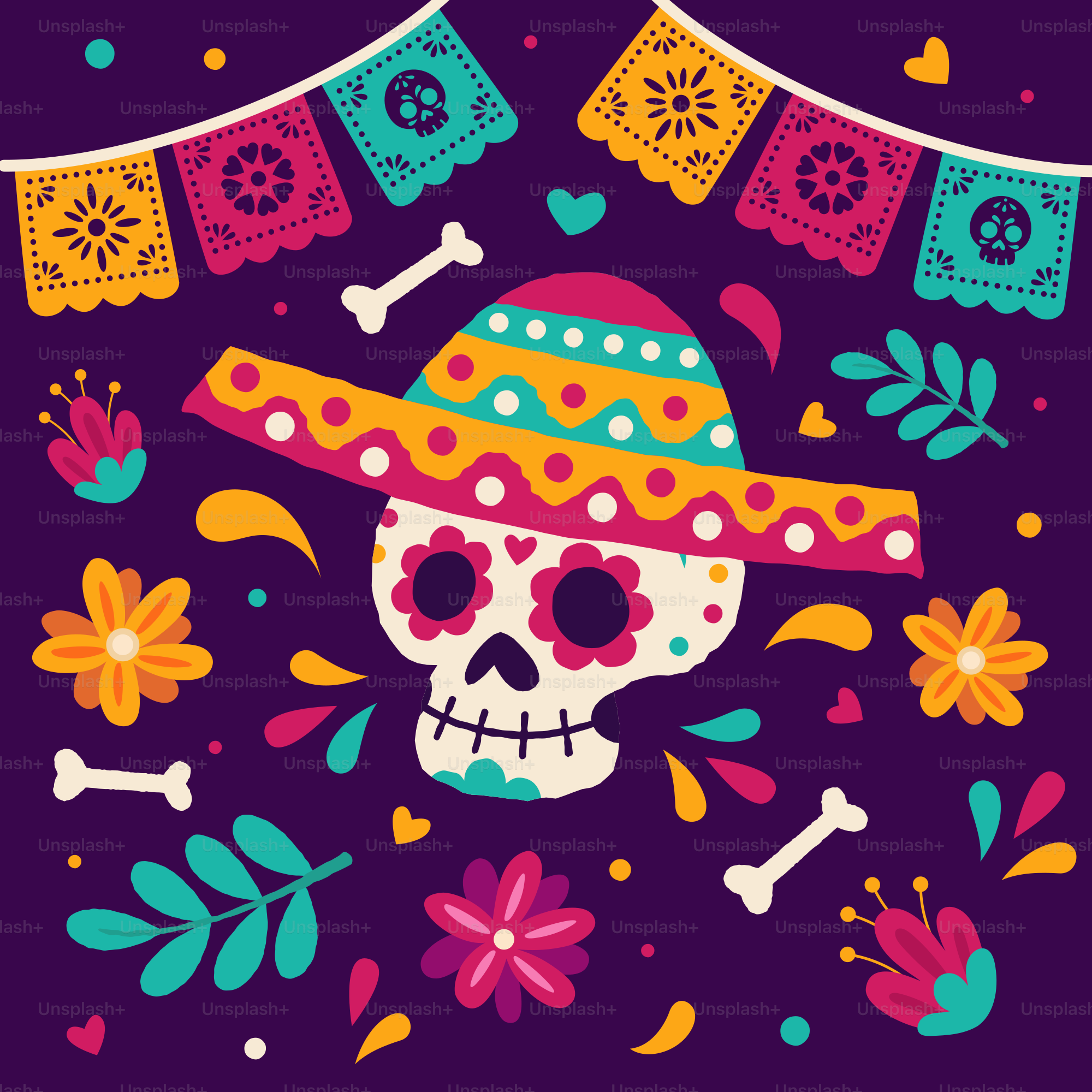 Day of the dead skull with festive decorations