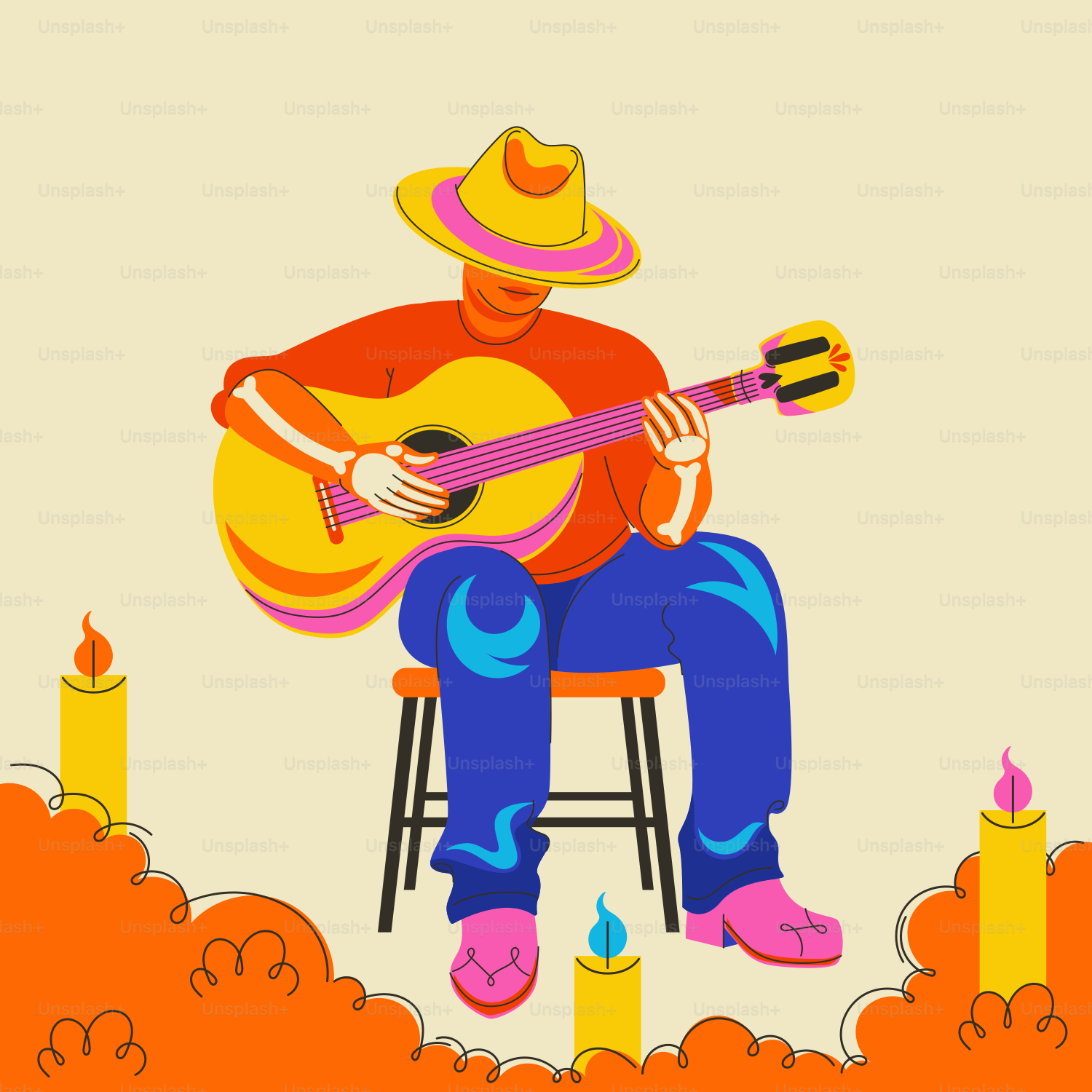 Person playing guitar surrounded by candles and smoke.