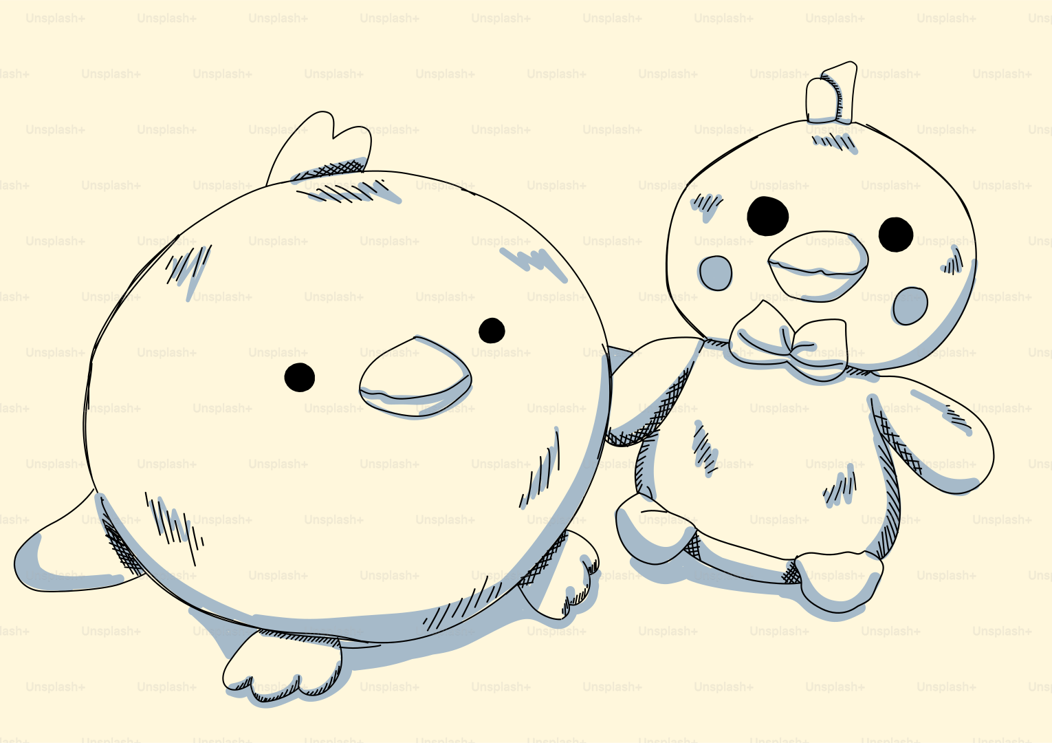 Two cute cartoon chicks with a bow tie.