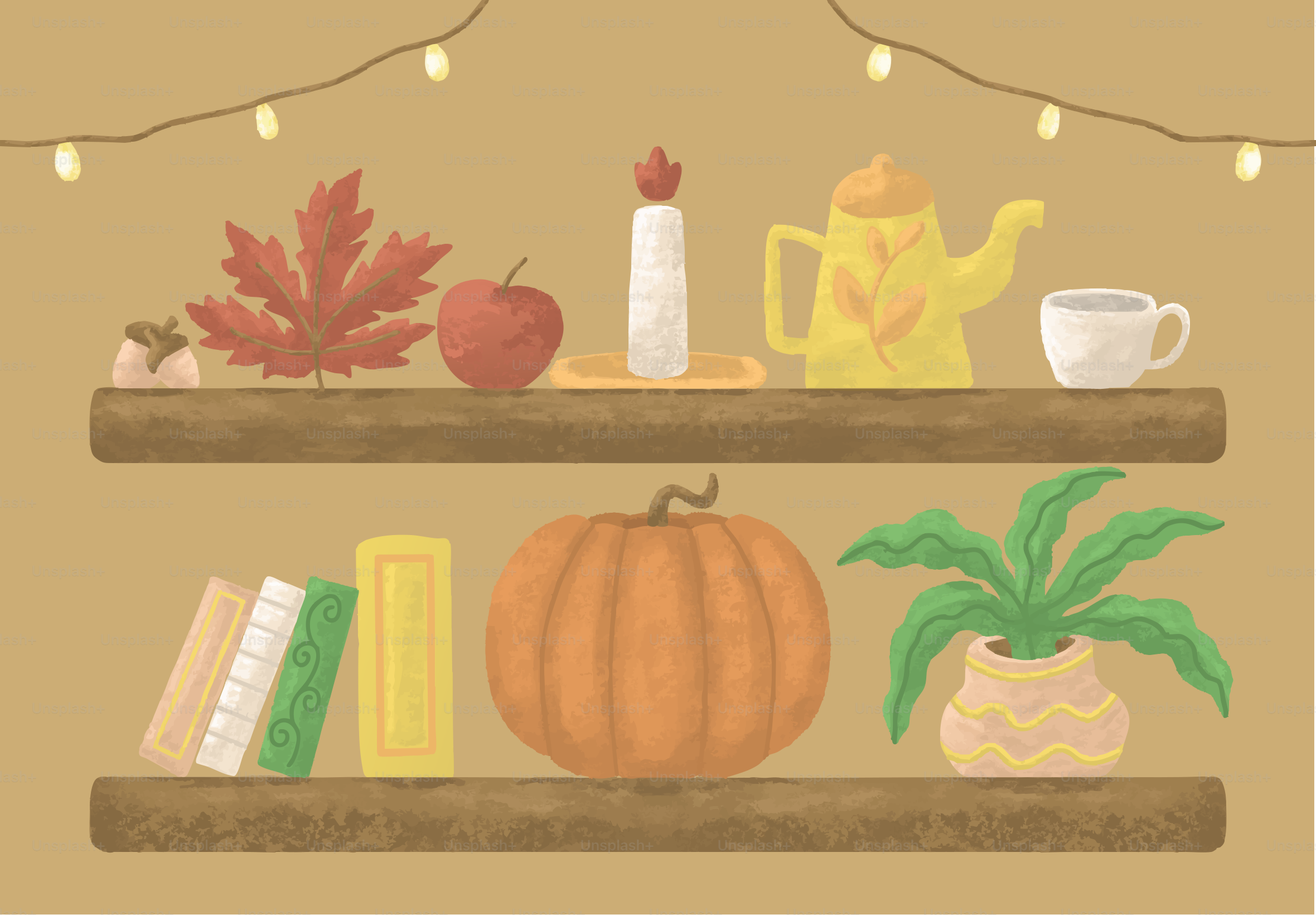 Herbstliche Dekoration auf zwei Regalen mit Lichterketten.