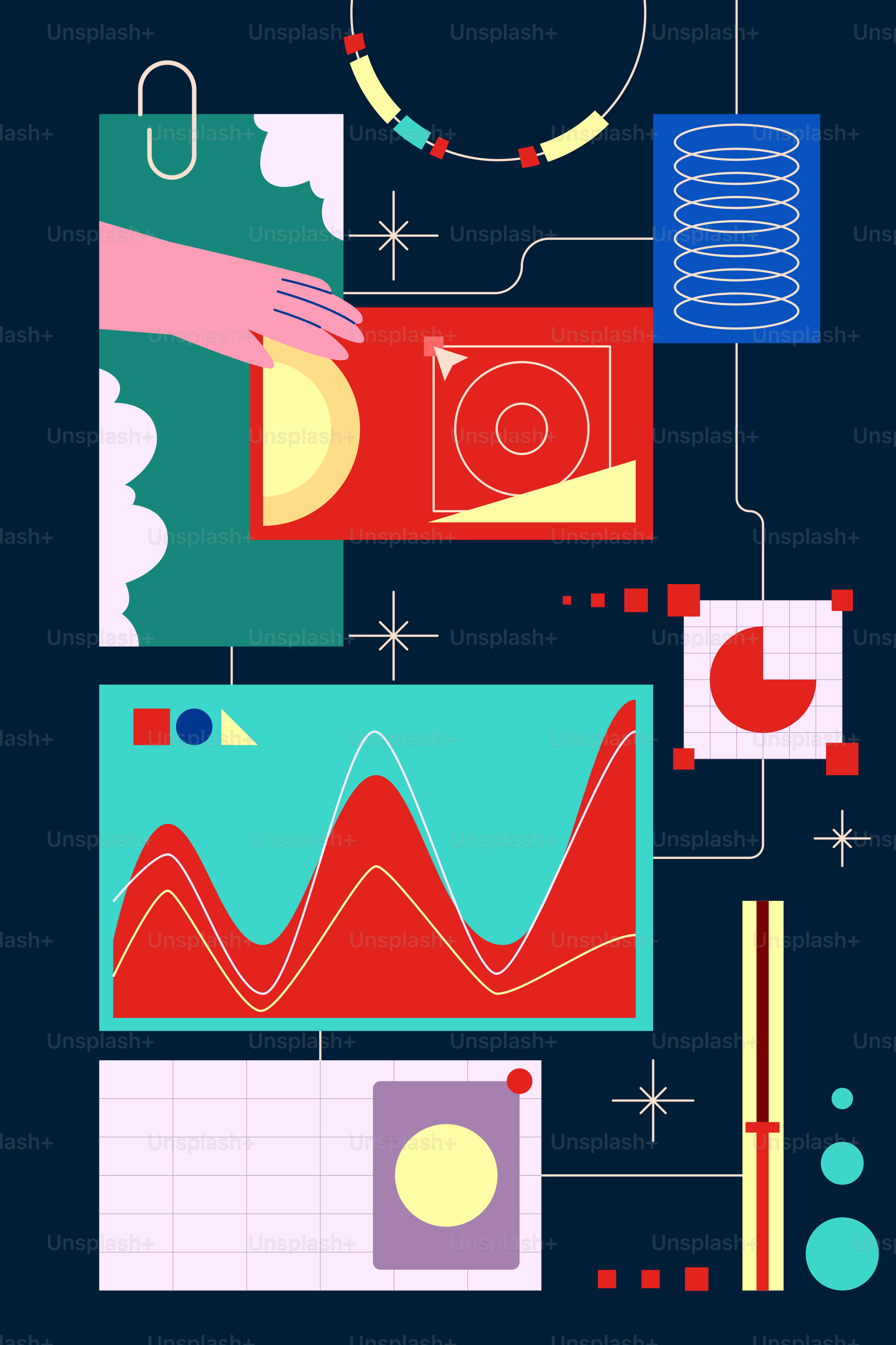 Abstract geometric shapes and data visualizations on dark background