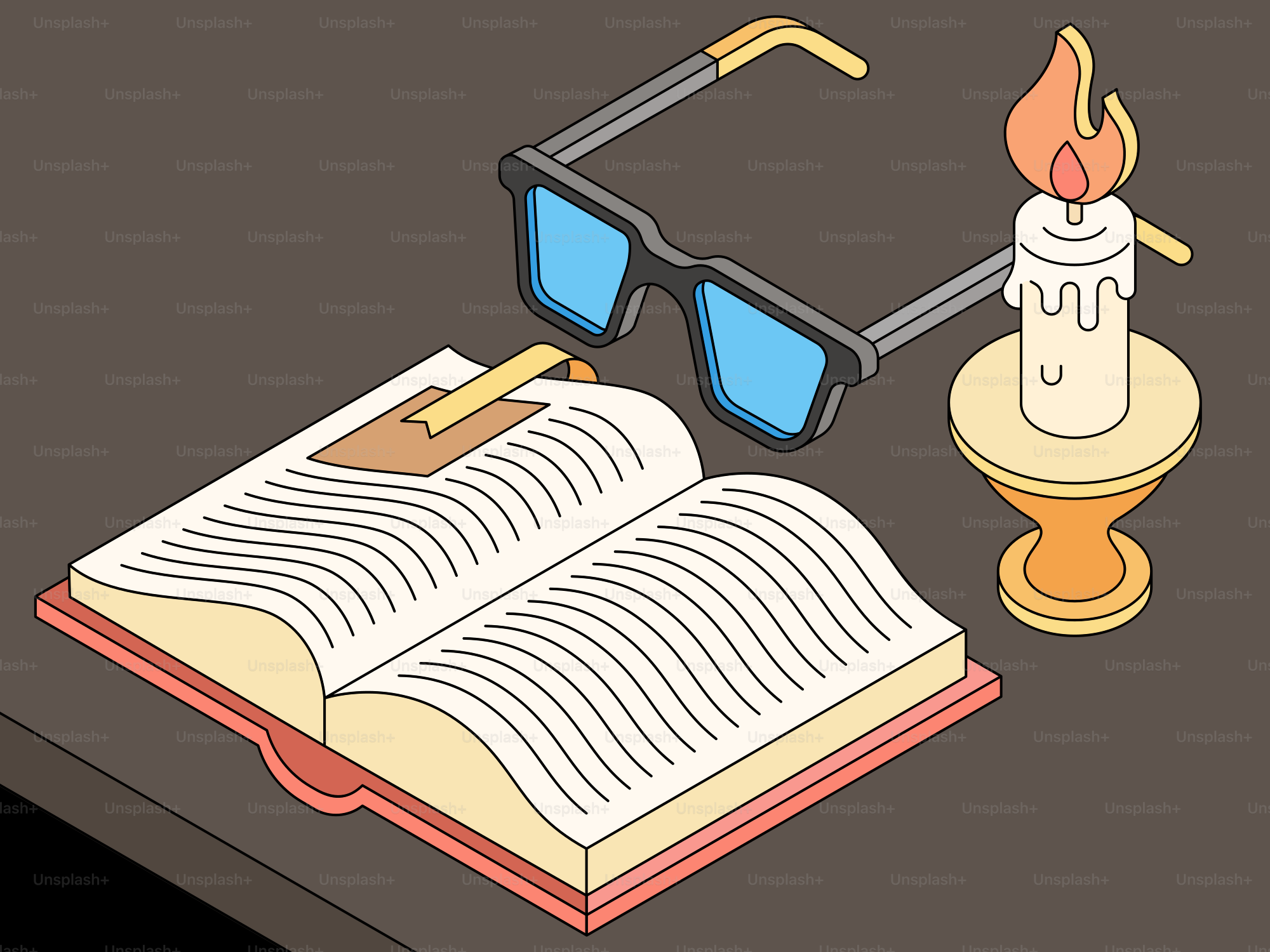 Open book with glasses and candle on desk.