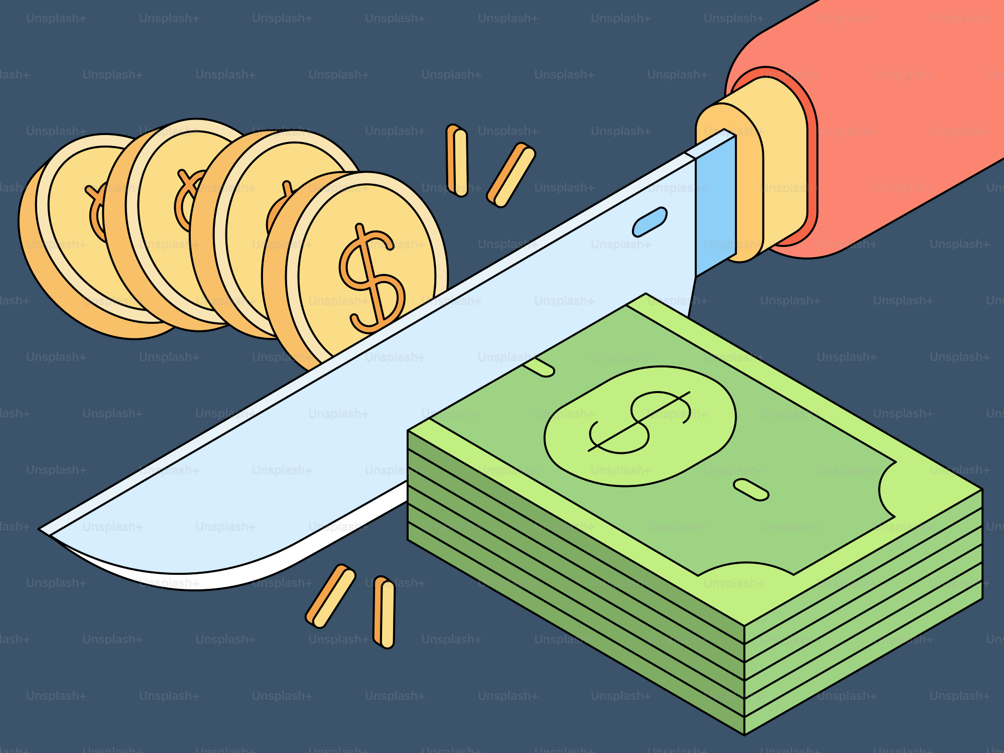 Knife slicing through a stack of cash and coins
