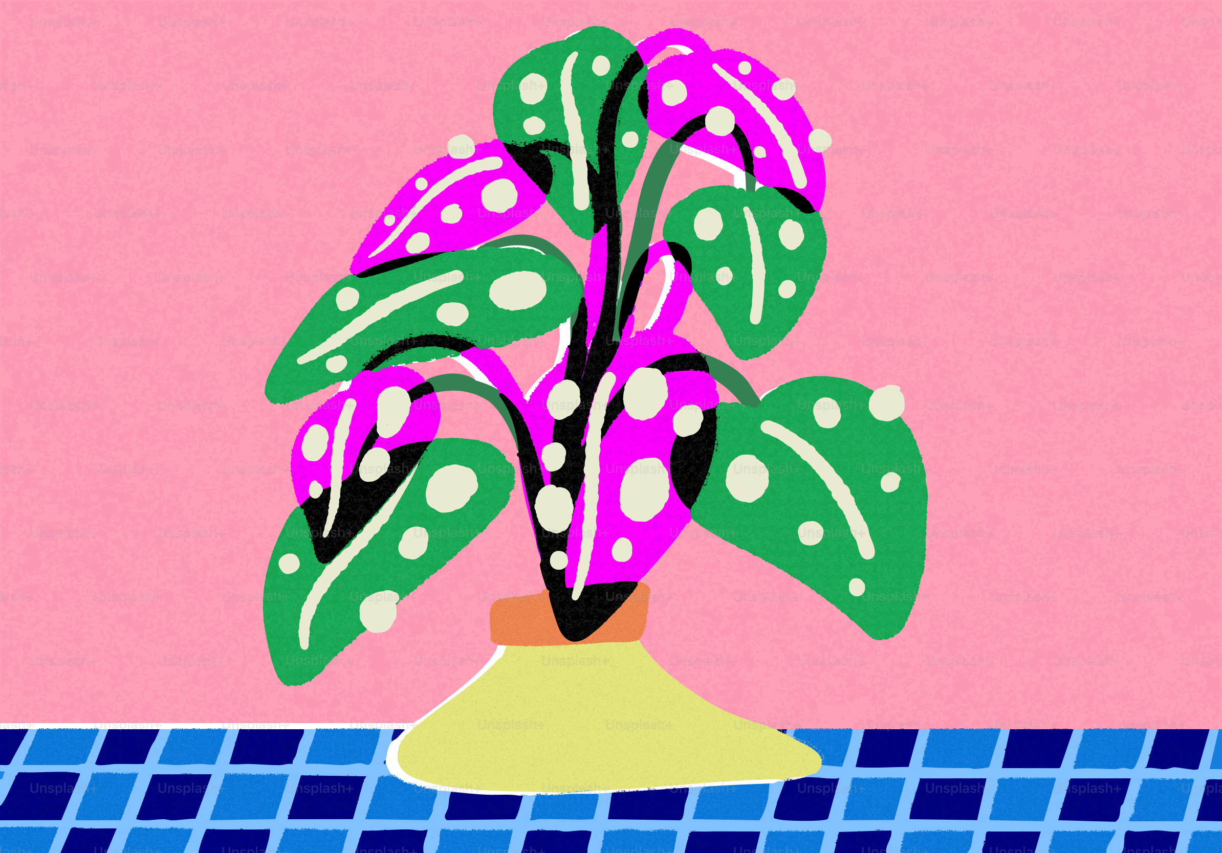 Um vaso de planta estilizado com folhas rosa e verdes.
