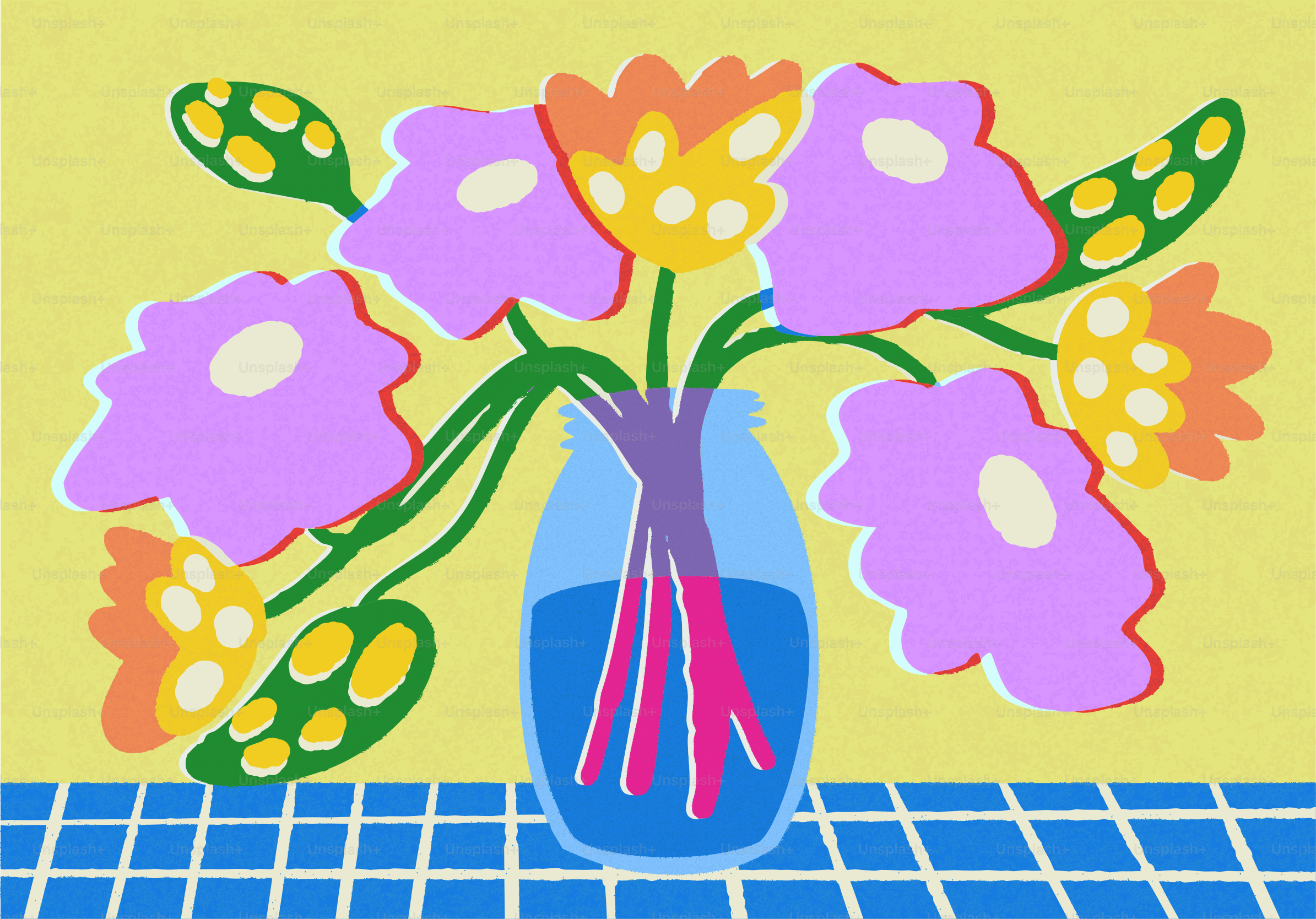 Colorful abstract flowers in a vase on a checkered surface.