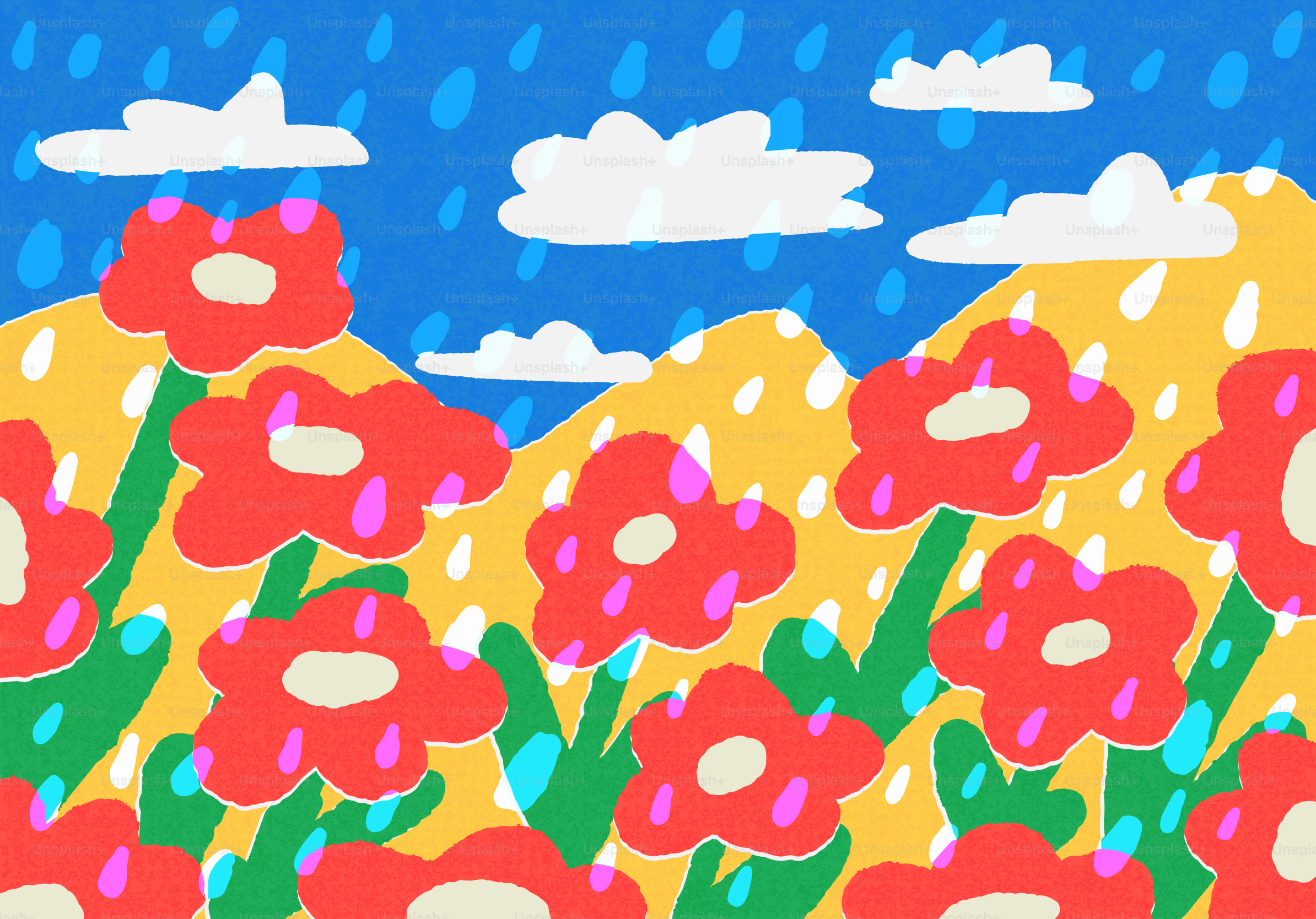 Red flowers bloom under a rainy sky