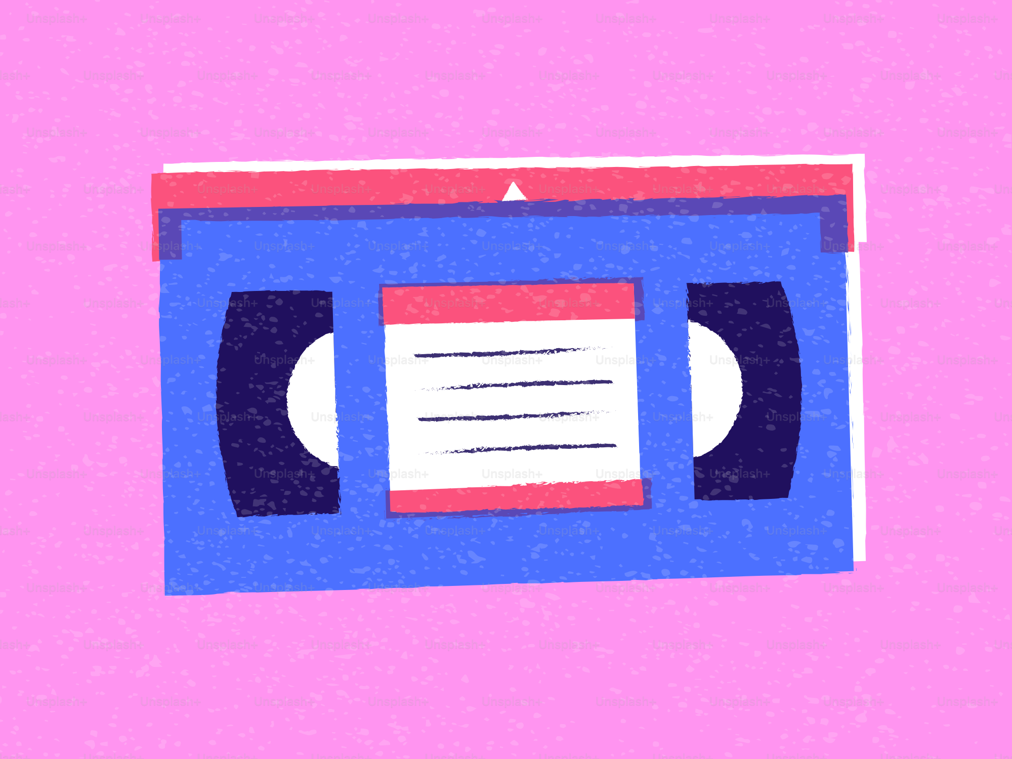 Una cassetta VHS blu con accenti rossi e bianchi.