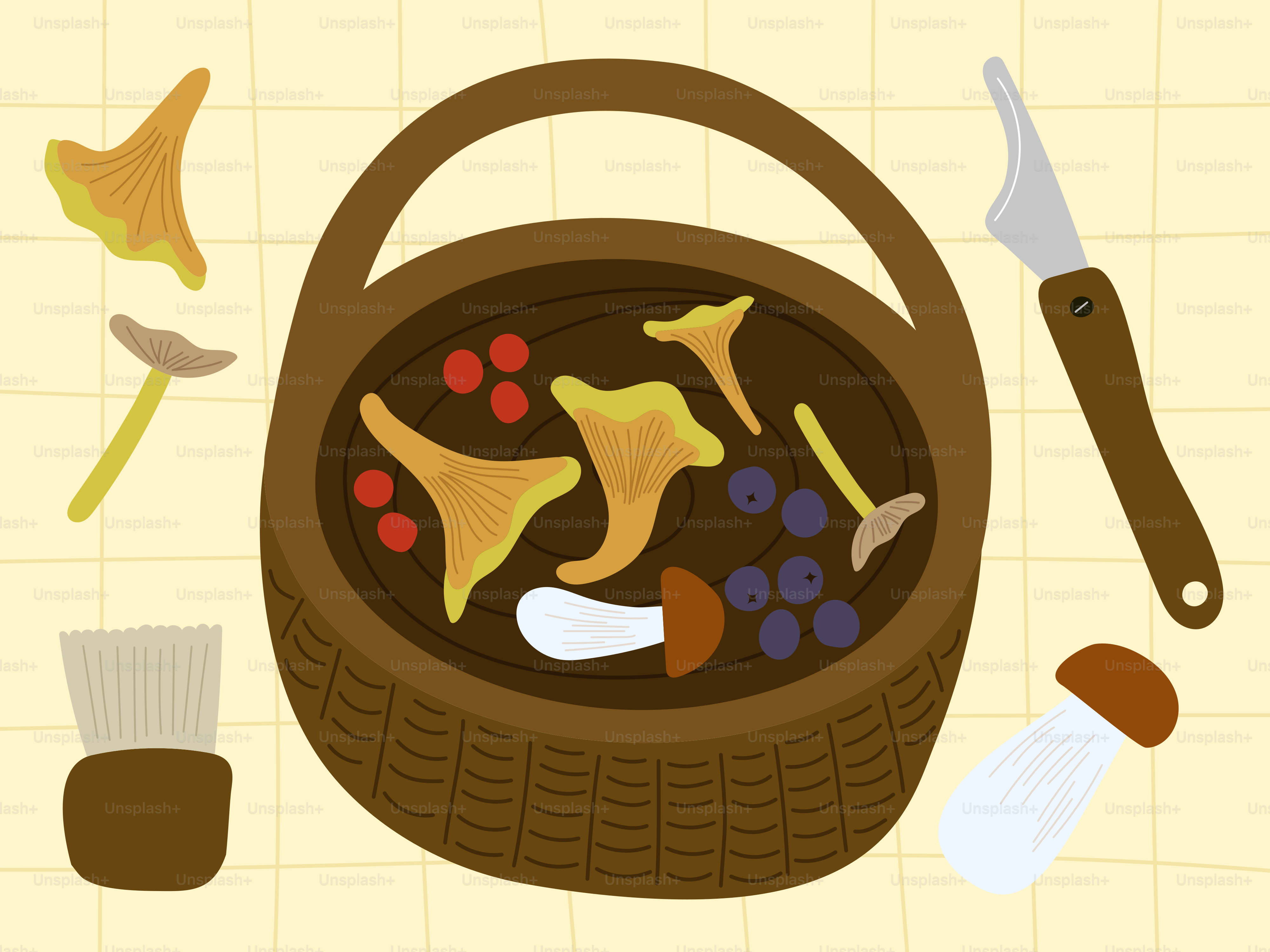 Basket of mushrooms, berries, and foraging tools.