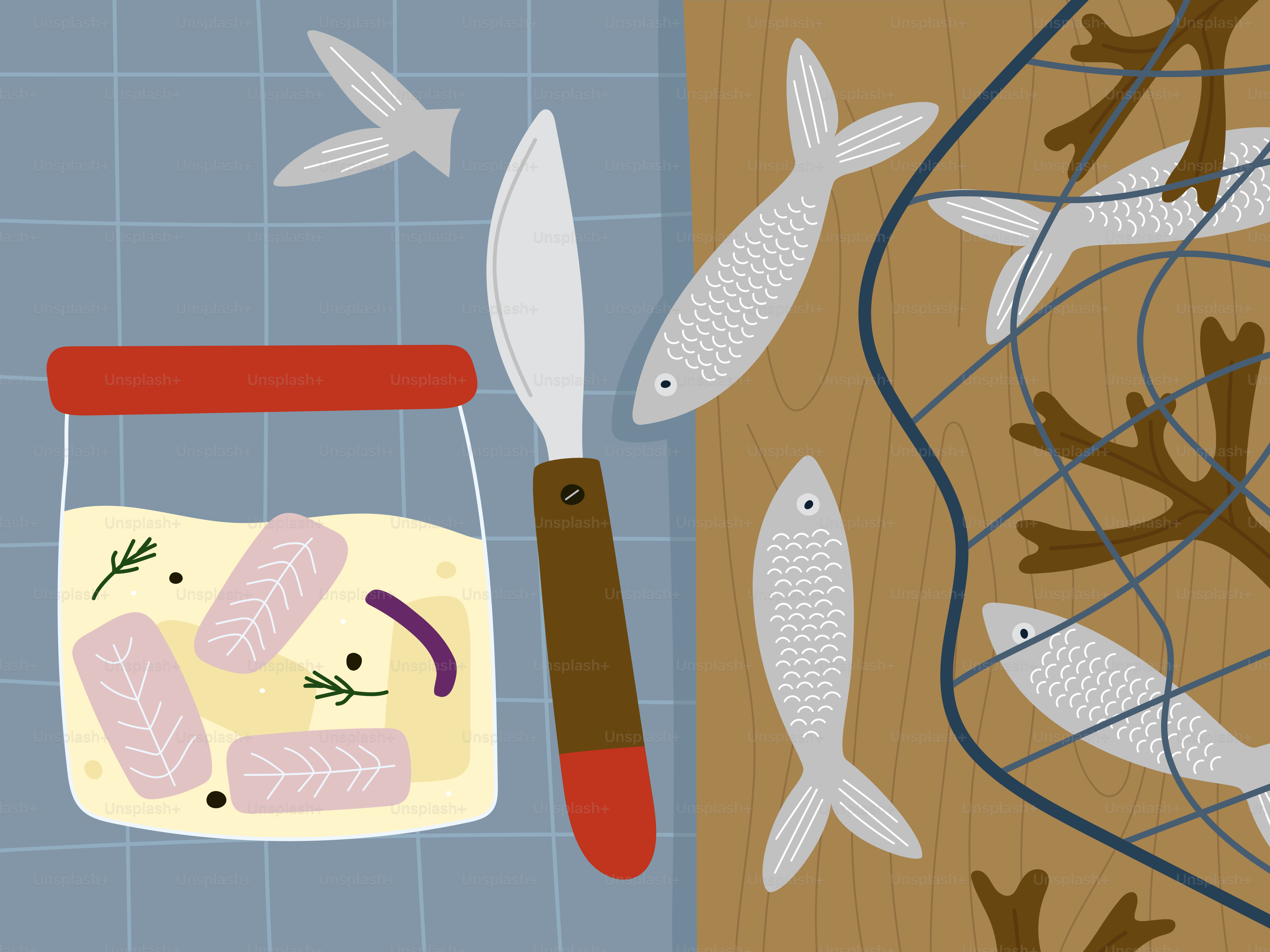 Fish being prepared with herbs and spices in a jar.