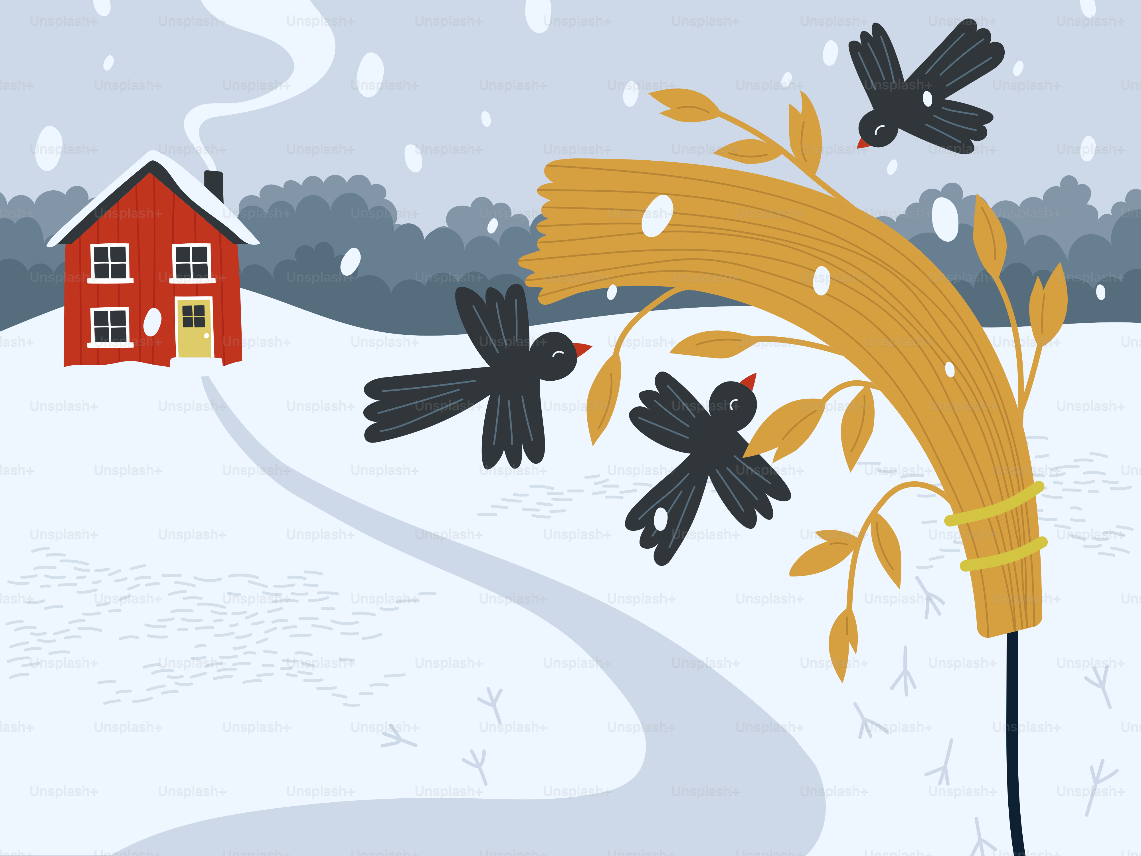 Blackbirds eating grain in a snowy landscape