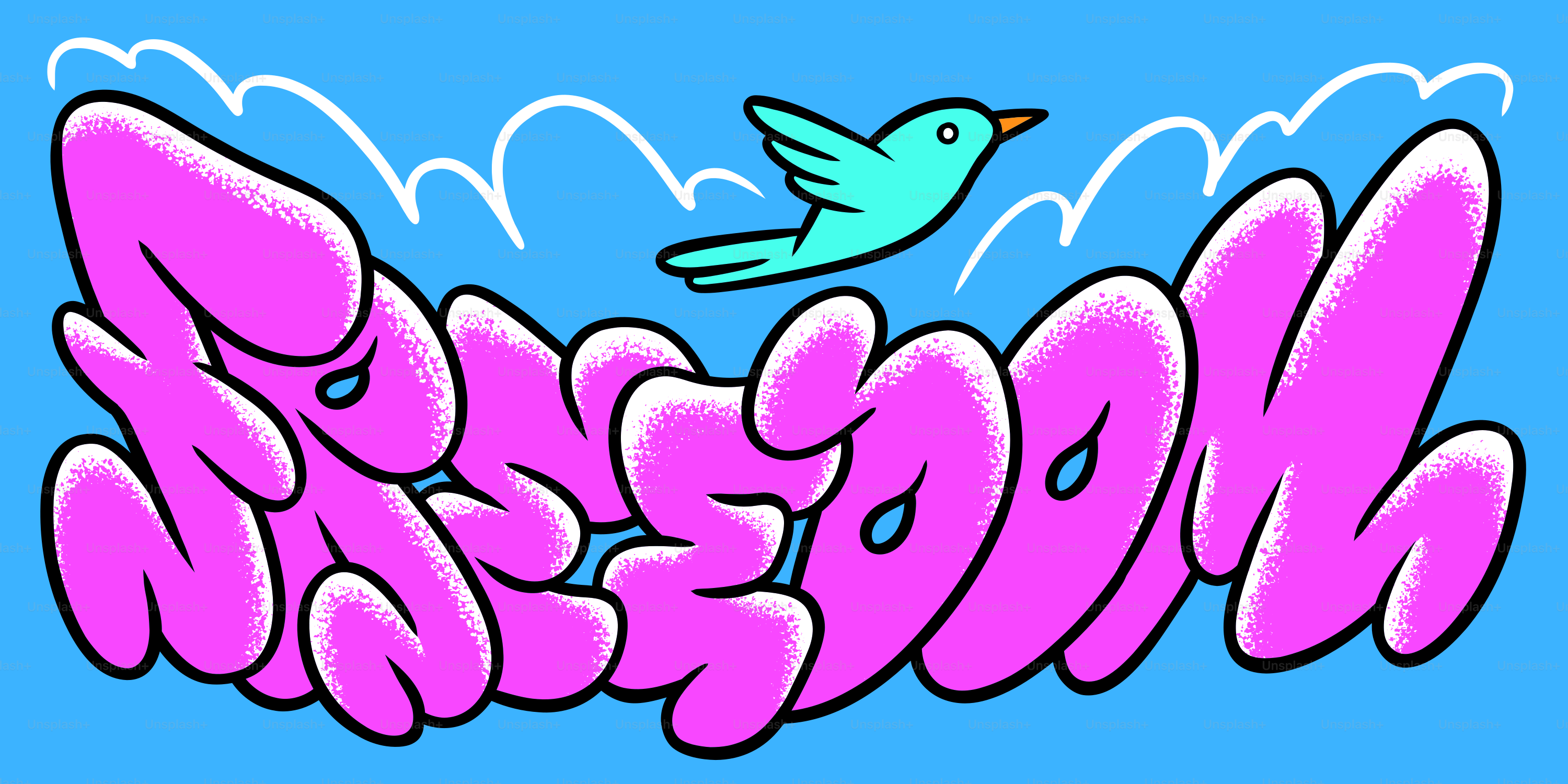 Pink graffiti word freedom with a bird flying.