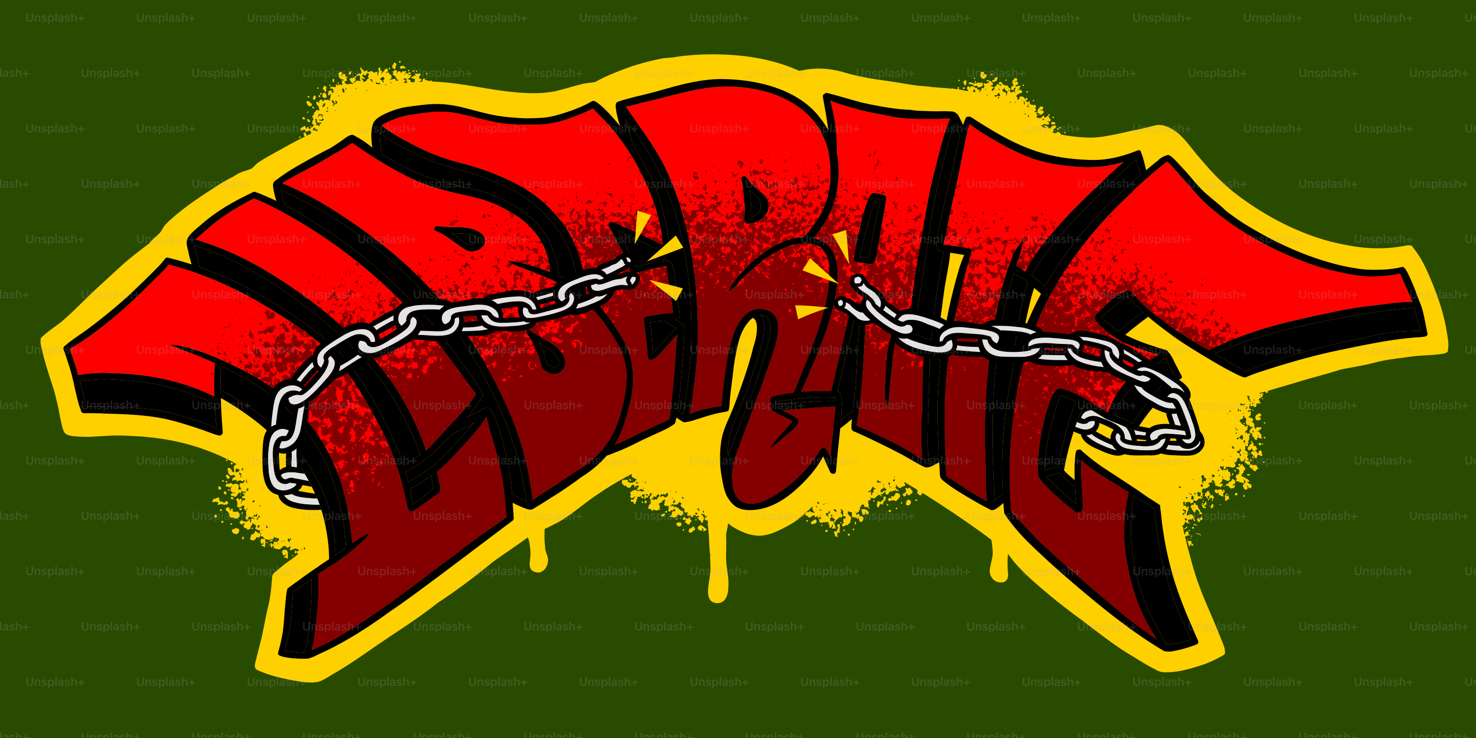Red graffiti with chain on green background