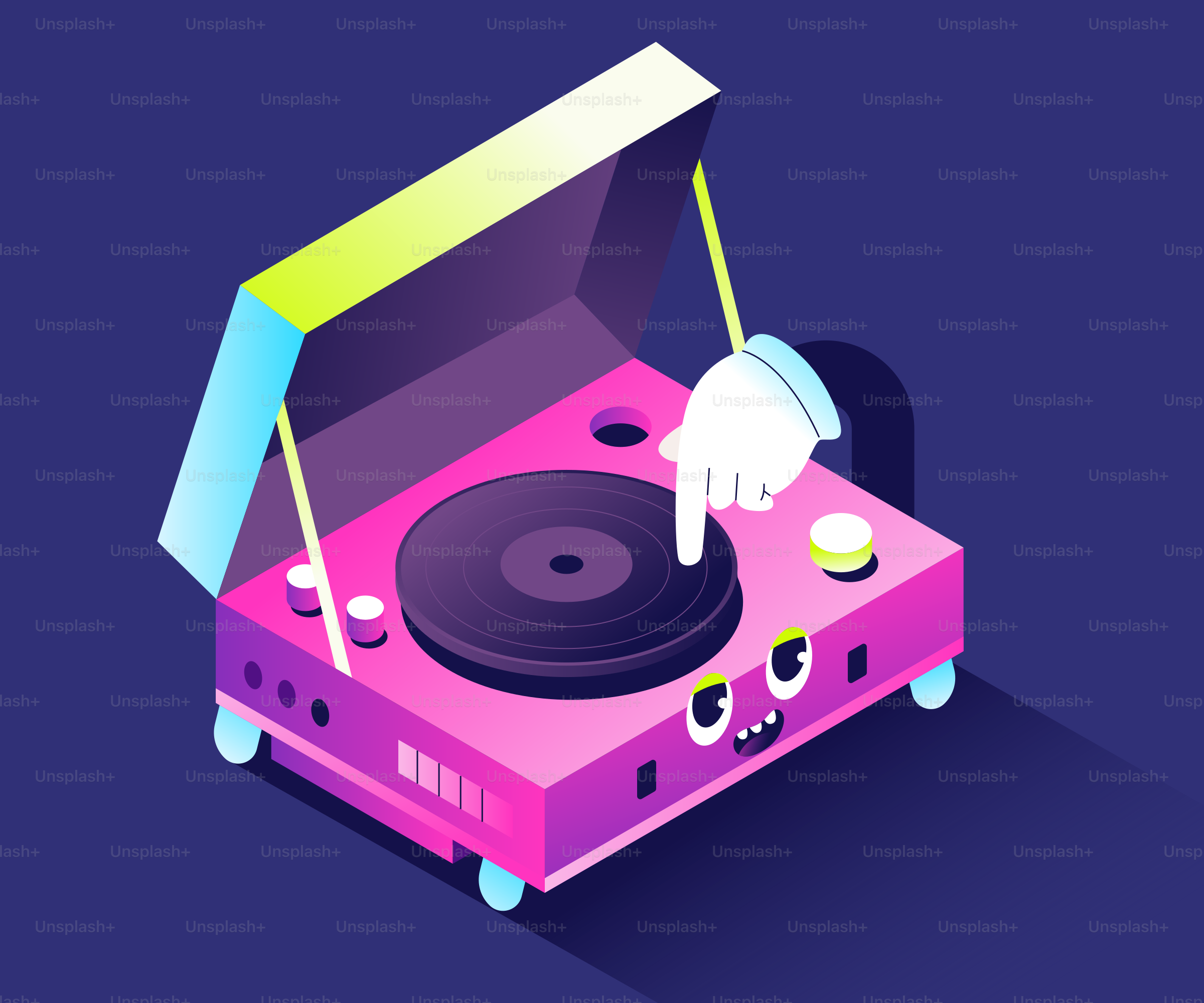 Mão de desenho animado coloca disco em toca-discos vintage rosa