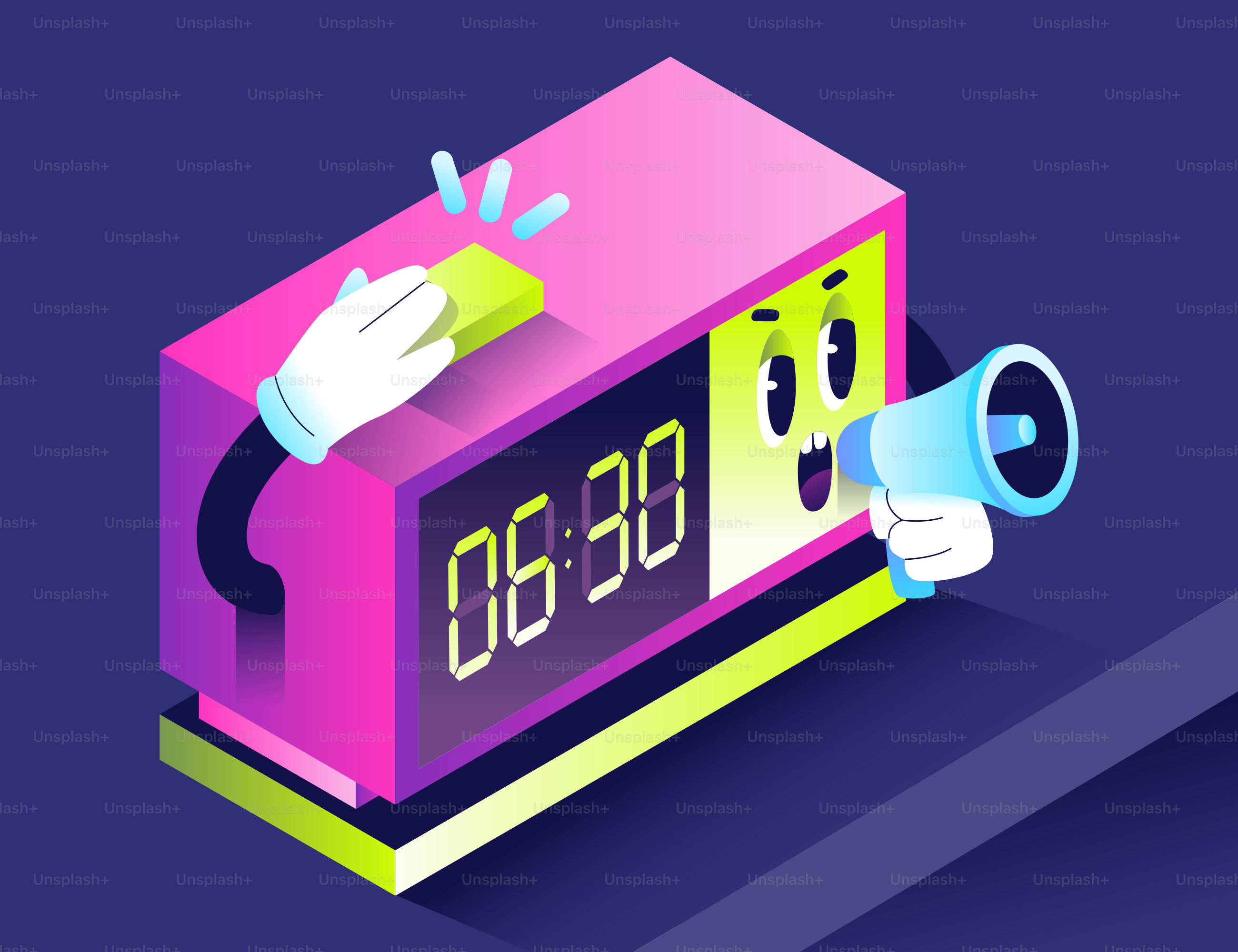 Alarm clock character with face and megaphone rings. vector ...