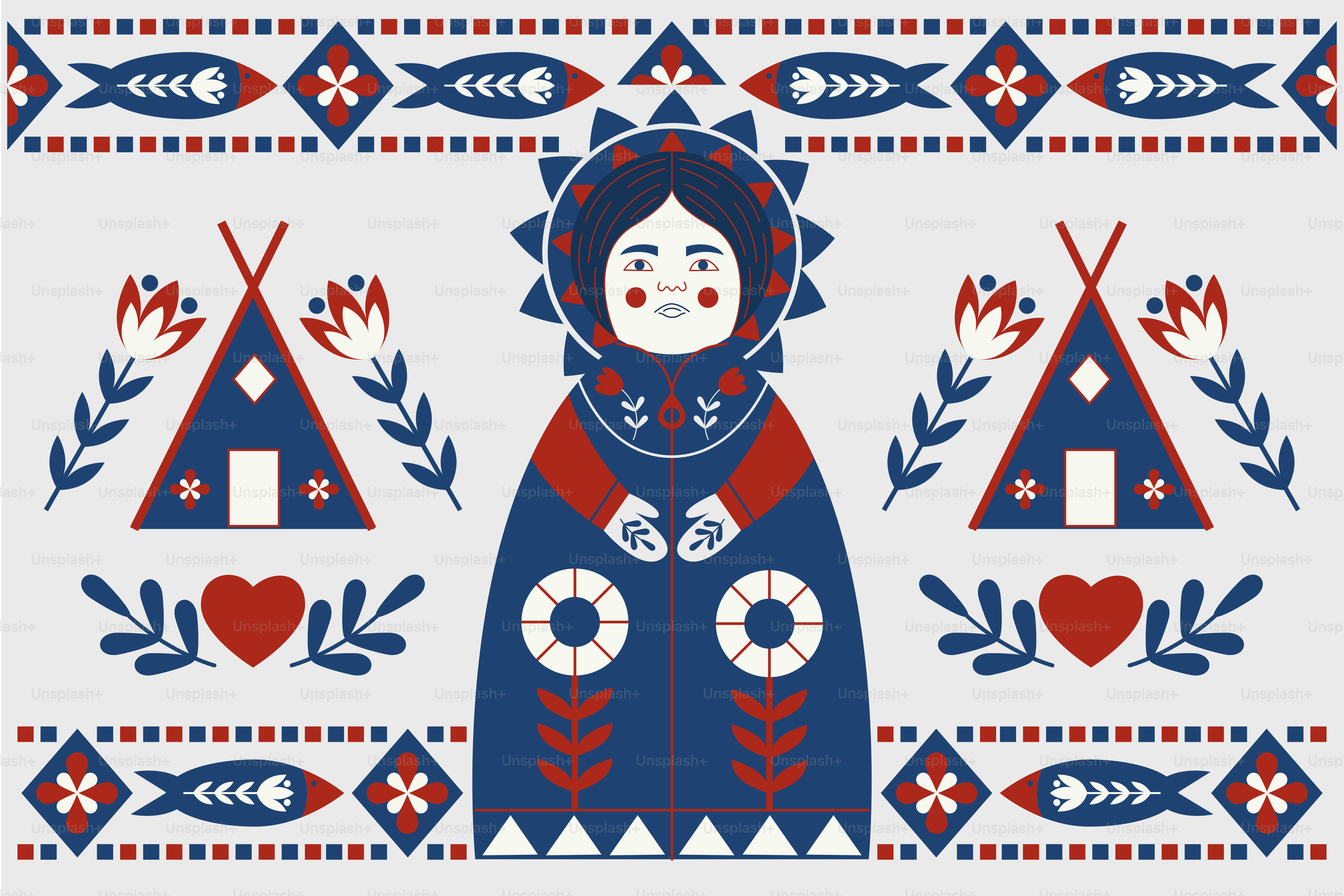 Arte popular tradicional com motivos de bonecas, tendas e peixes