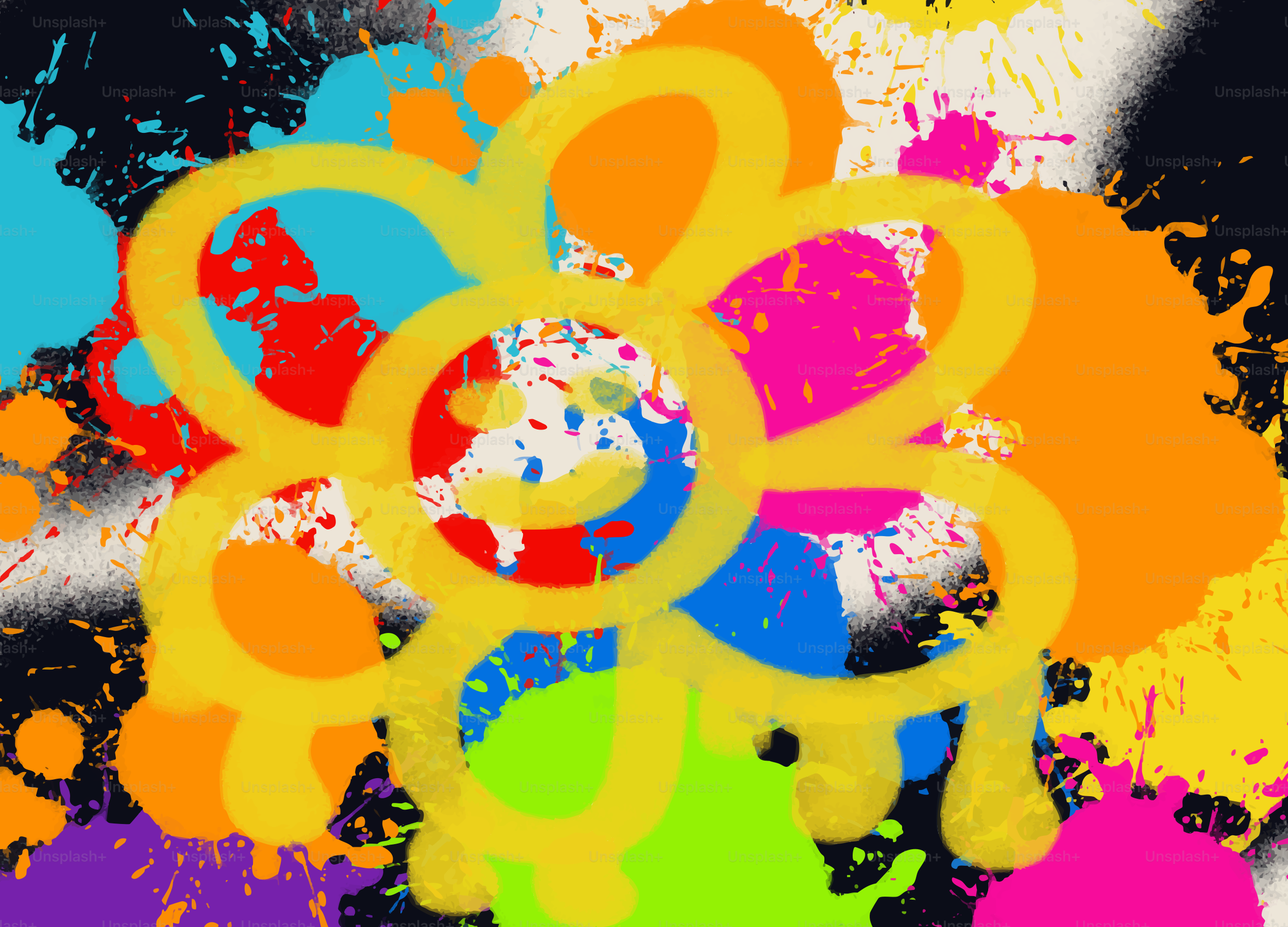 Peinture abstraite colorée avec un motif de fleur jaune.