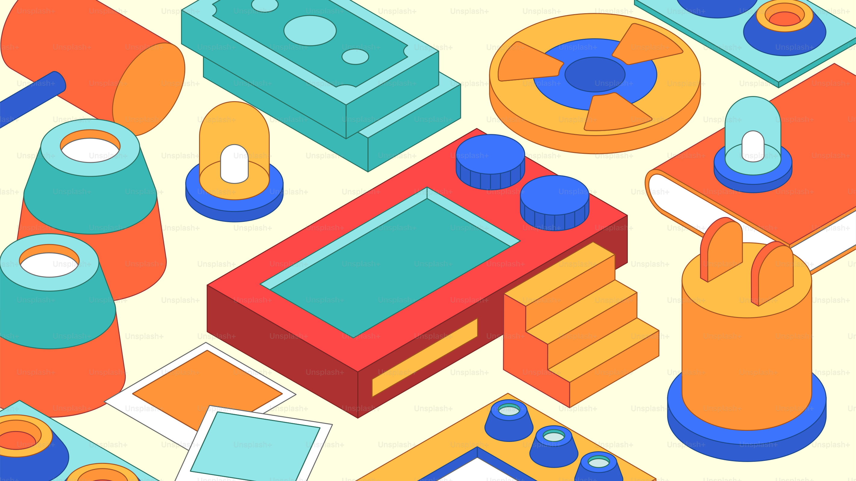 Isometrische Anordnung von bunten Objekten und Spielelementen