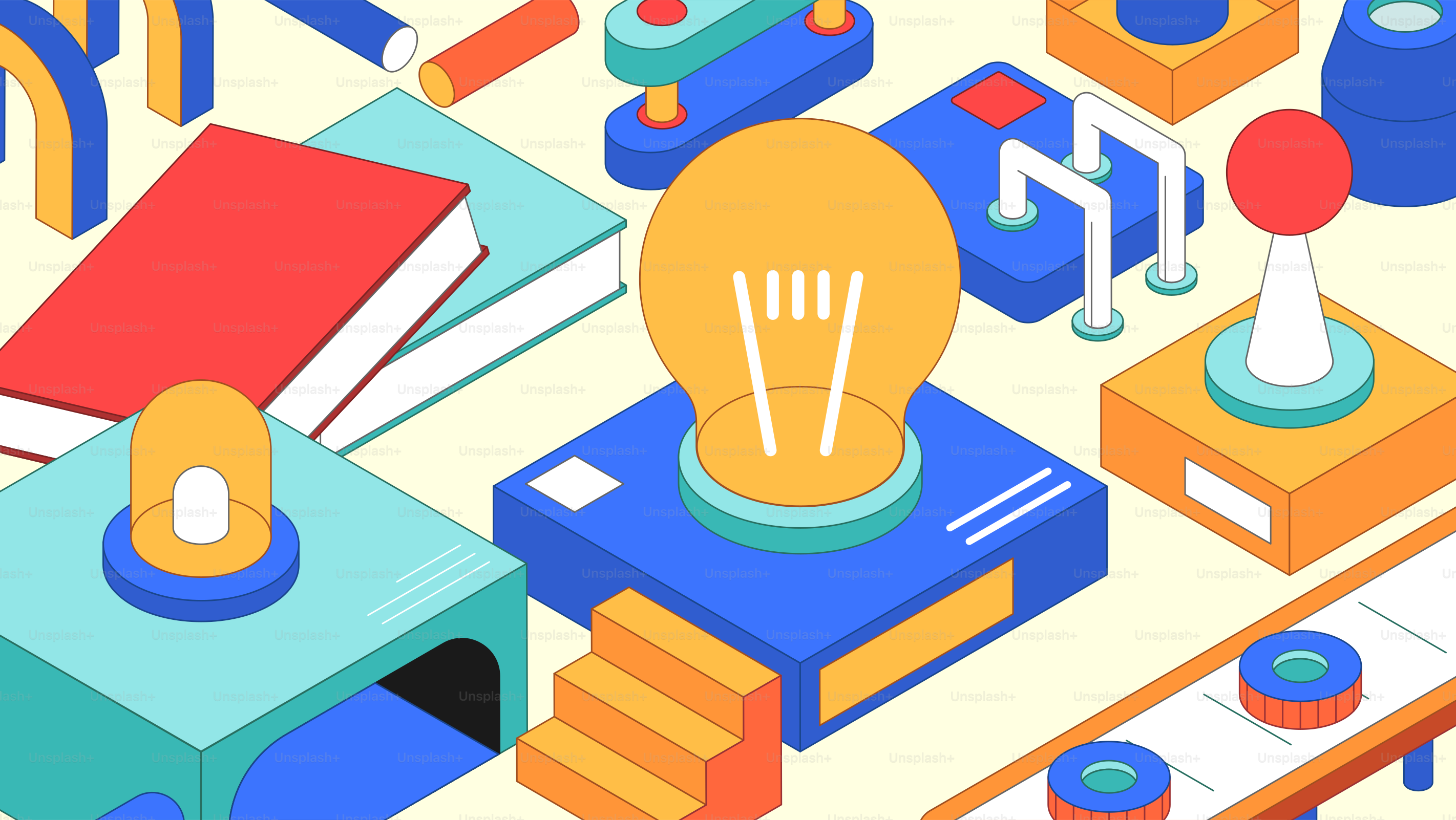 Abstract colorful objects and a lightbulb