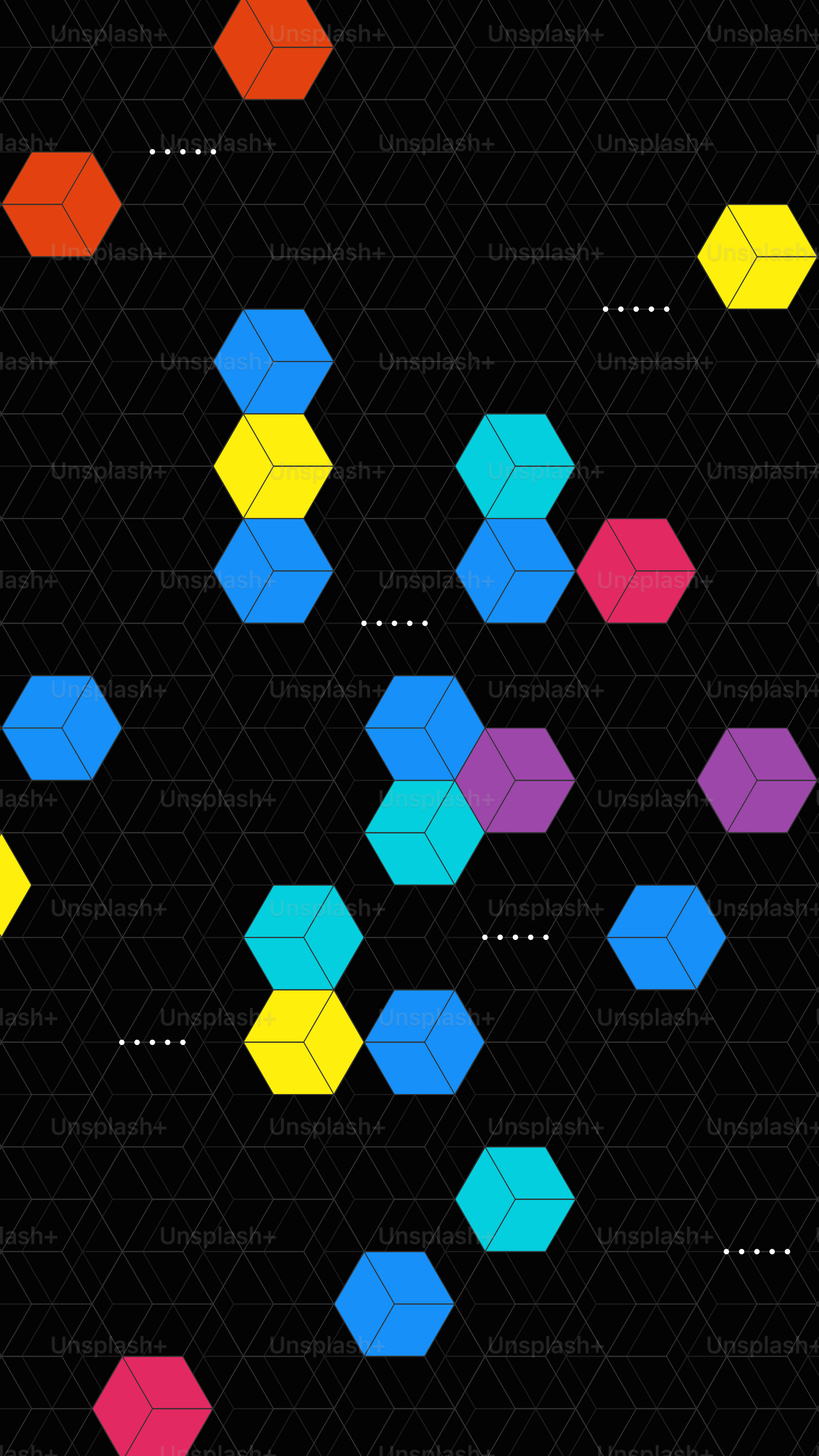 Colorful geometric shapes on a dark hexagonal background