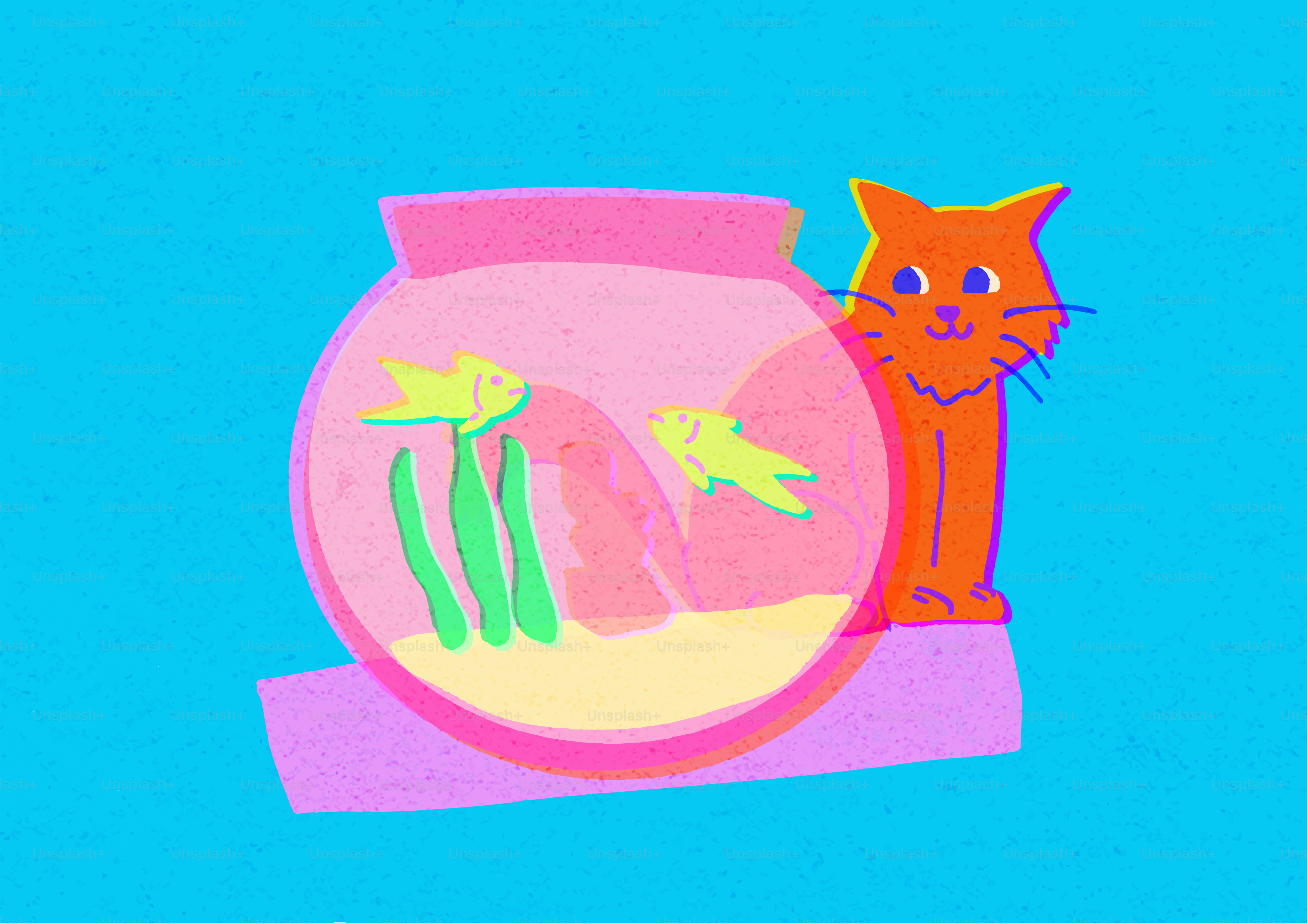 Orange cat watches fish in a pink bowl