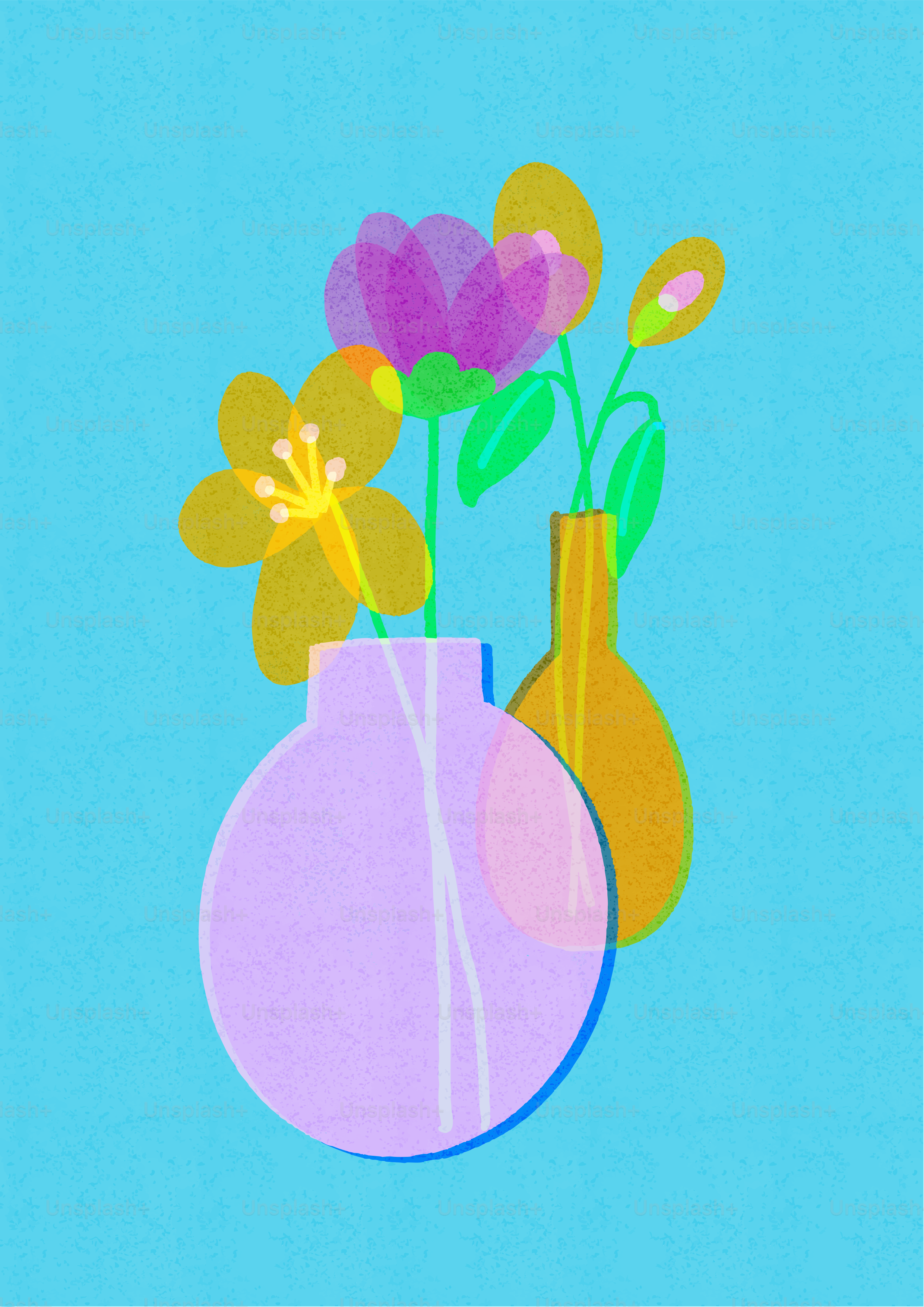 Zwei Vasen mit bunten Blumen auf blauem Hintergrund