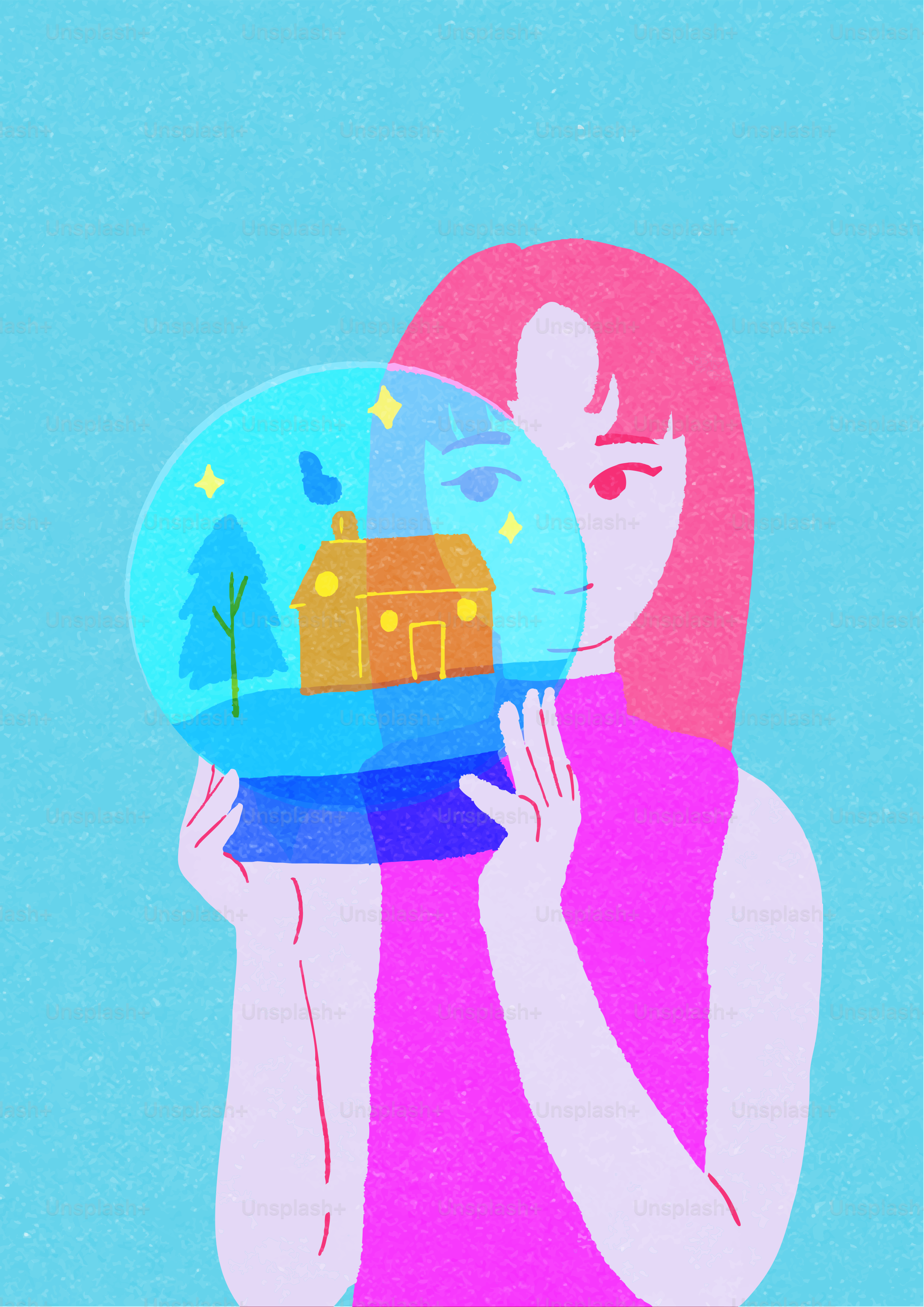 Frau hält eine Schneekugel mit einem Haus und einem Baum.