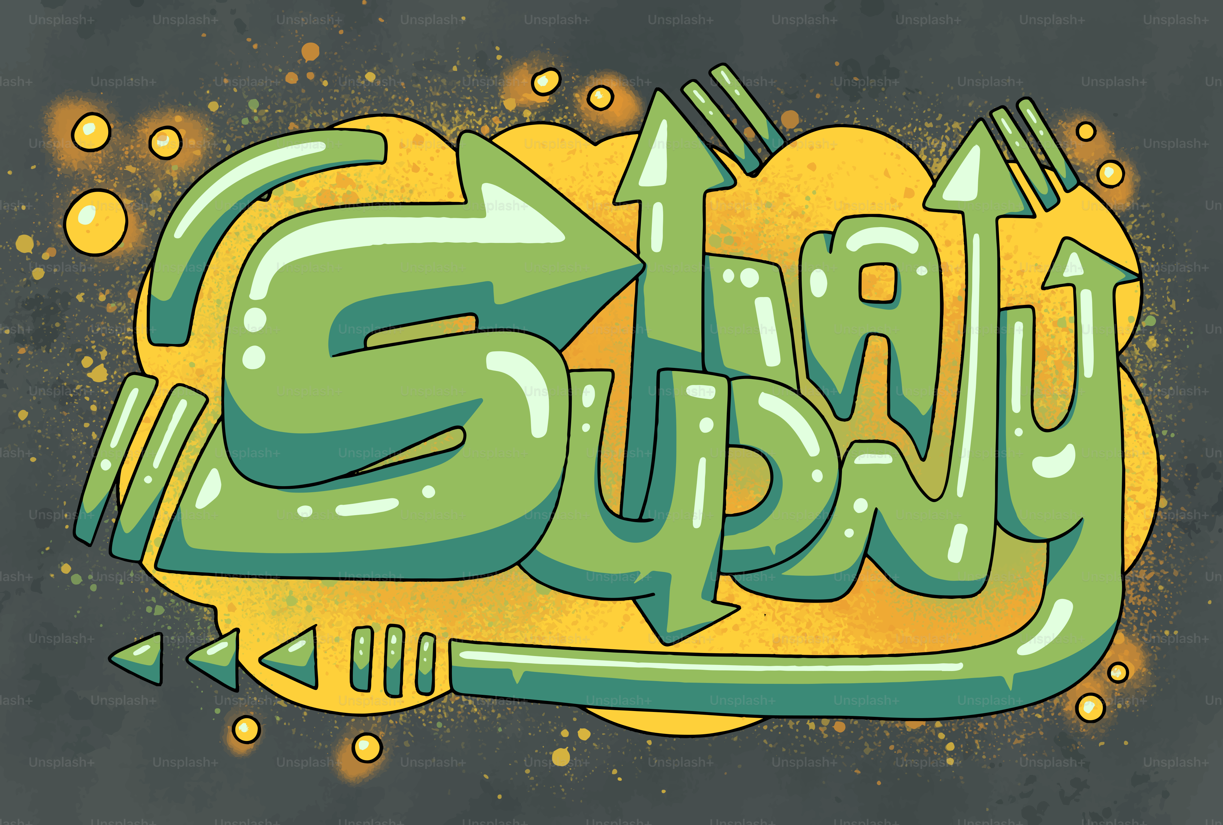 Arte de graffiti verde con detalles y flechas amarillas