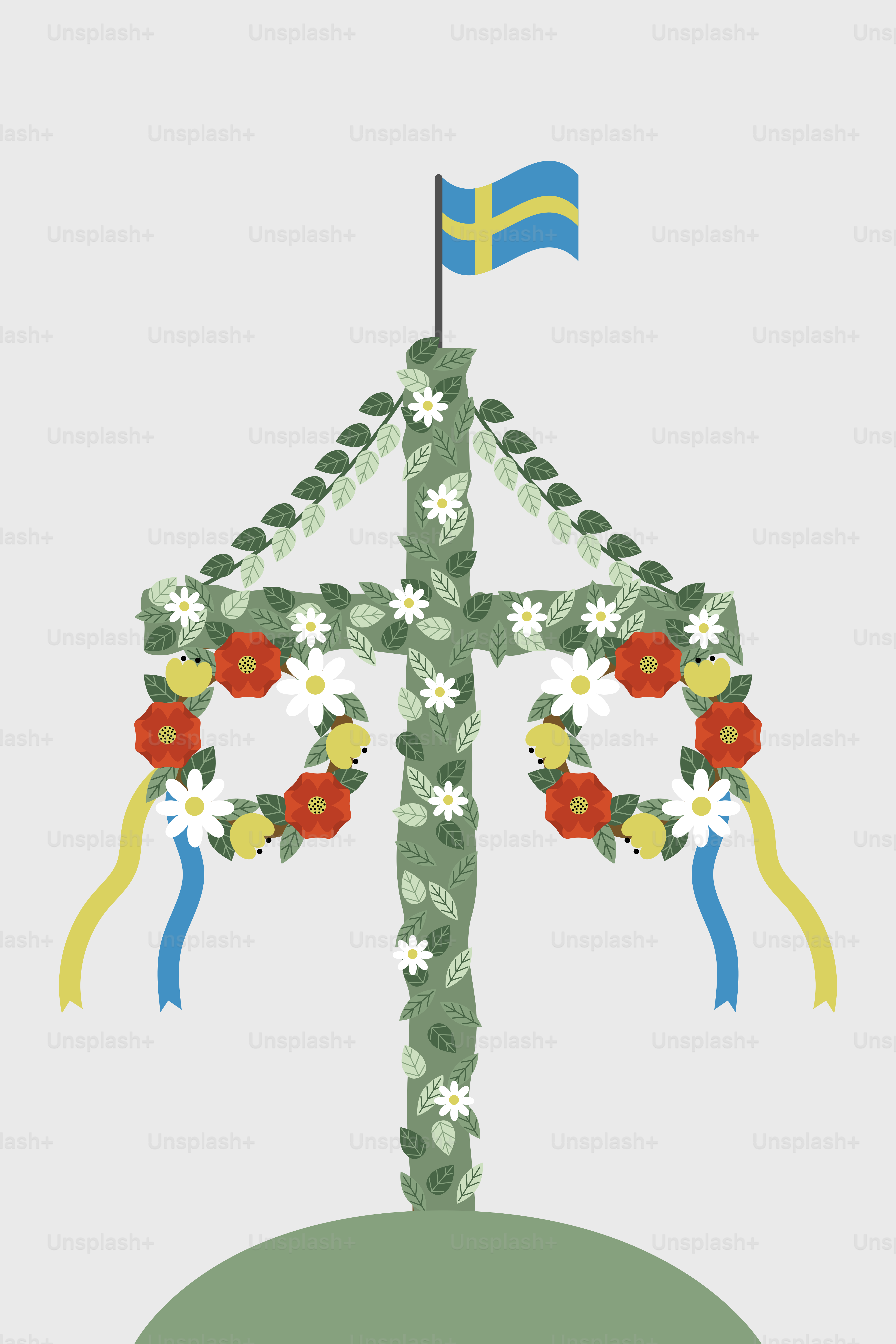 Mât de mai décoré de fleurs et drapeau suédois