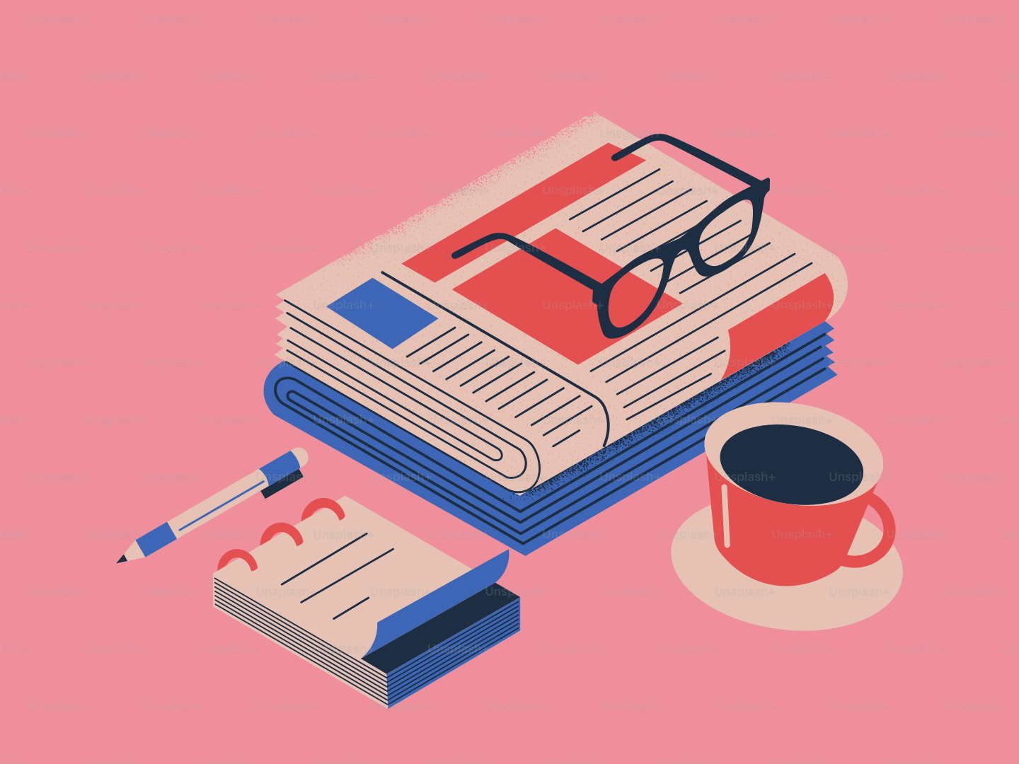Pile de livres avec lunettes, café et carnet.