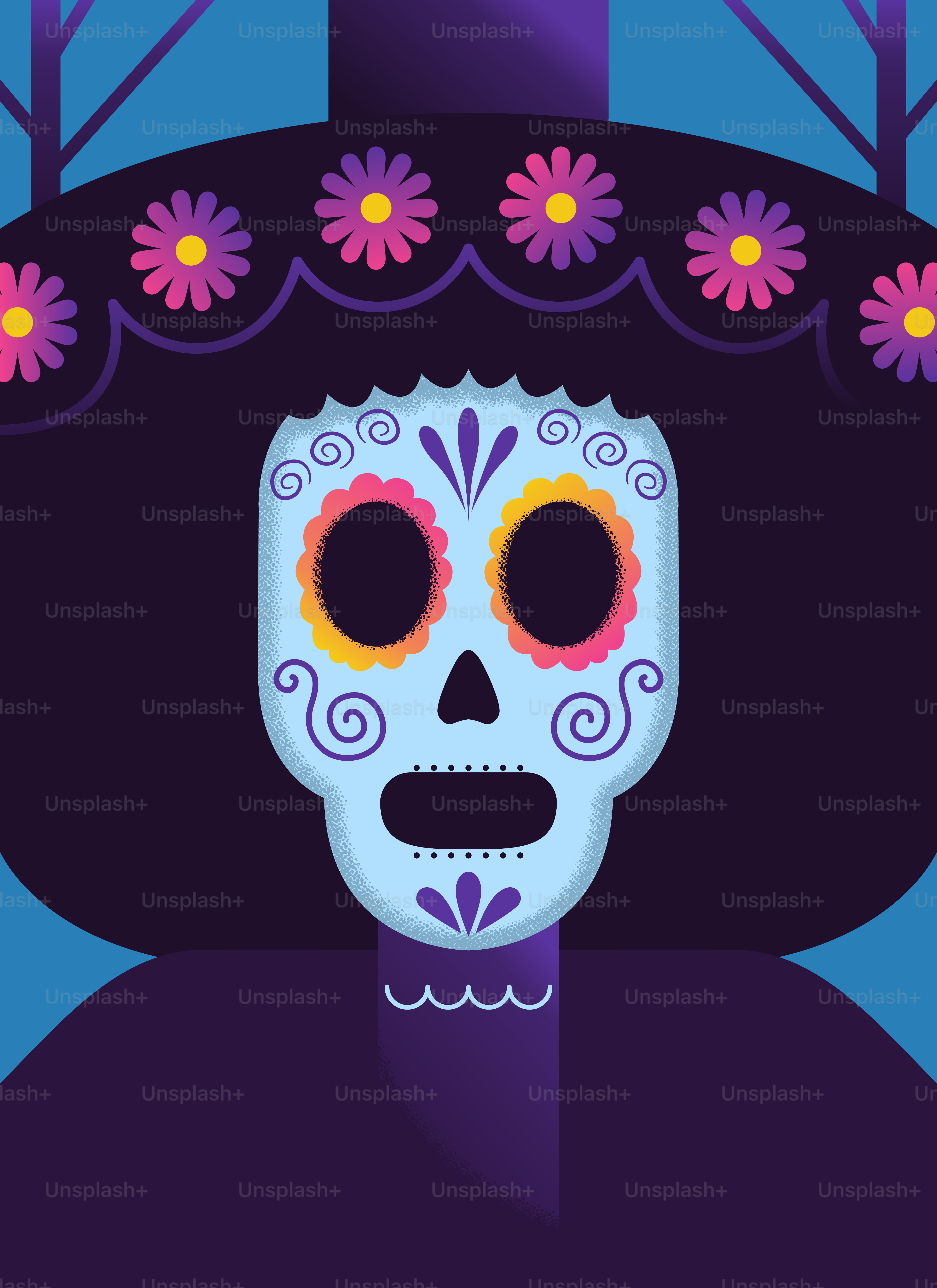 Sugar skull with flowers on dark background
