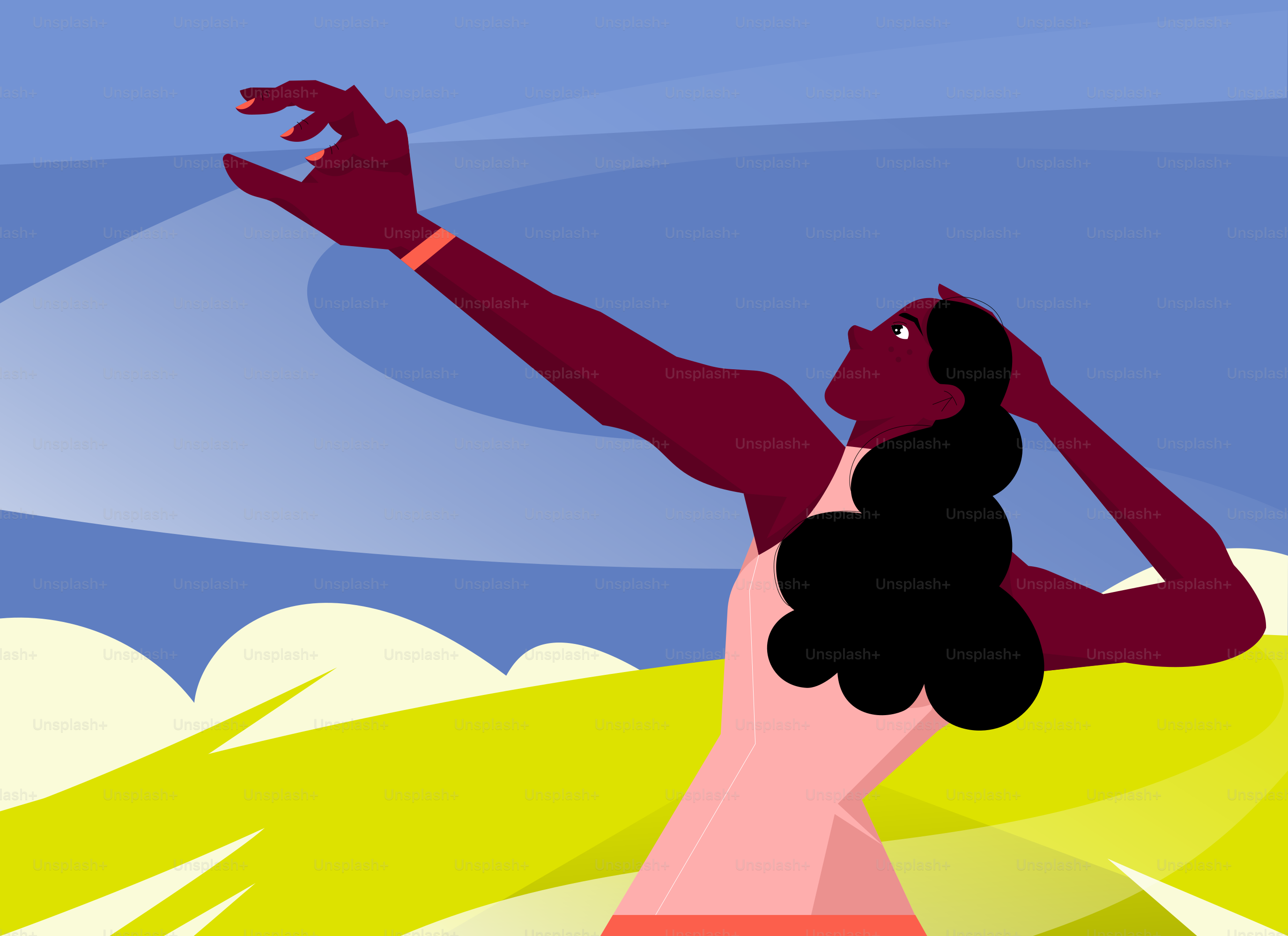 Woman reaching up in a stylized landscape.